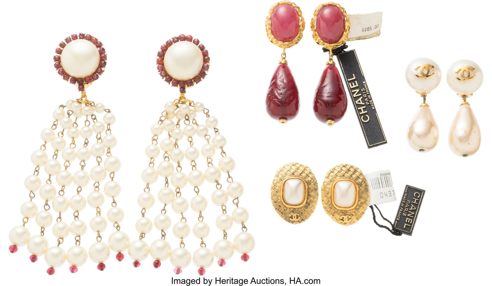 Chanel Set of Four: Gripoix and Faux Pearl Earri: Chanel Set of Four: Gripoix and Faux Pearl Earrings See Extended Condition Report for Details. This set includes: Chanel Vintage Faux Pearl & Gold Plated CC Drop Clip On Earring