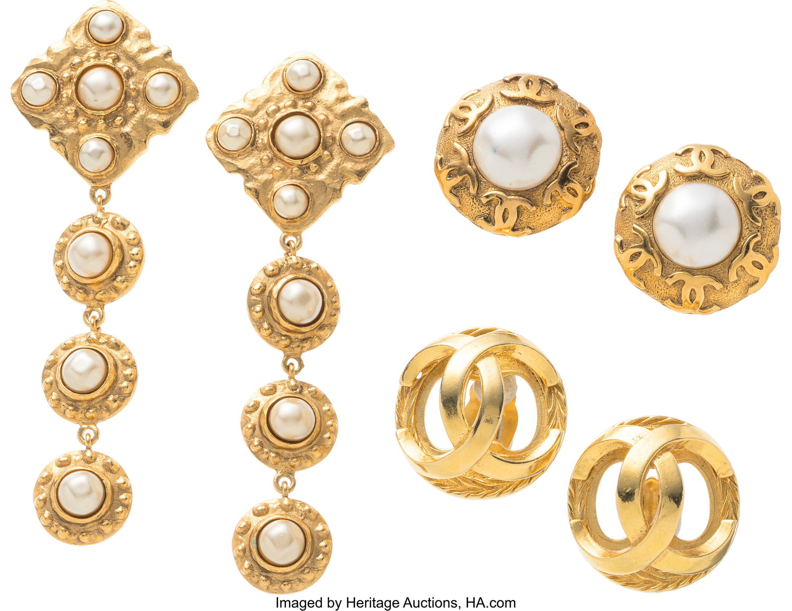 Chanel Set of Three: Vintage Gold & Faux Pearl E: Chanel Set of Three: Vintage Gold & Faux Pearl Earrings See Extended Condition Report for Details. This set includes: Chanel Vintage Gold Plated Faux Pearl Clip On Drop Earrings