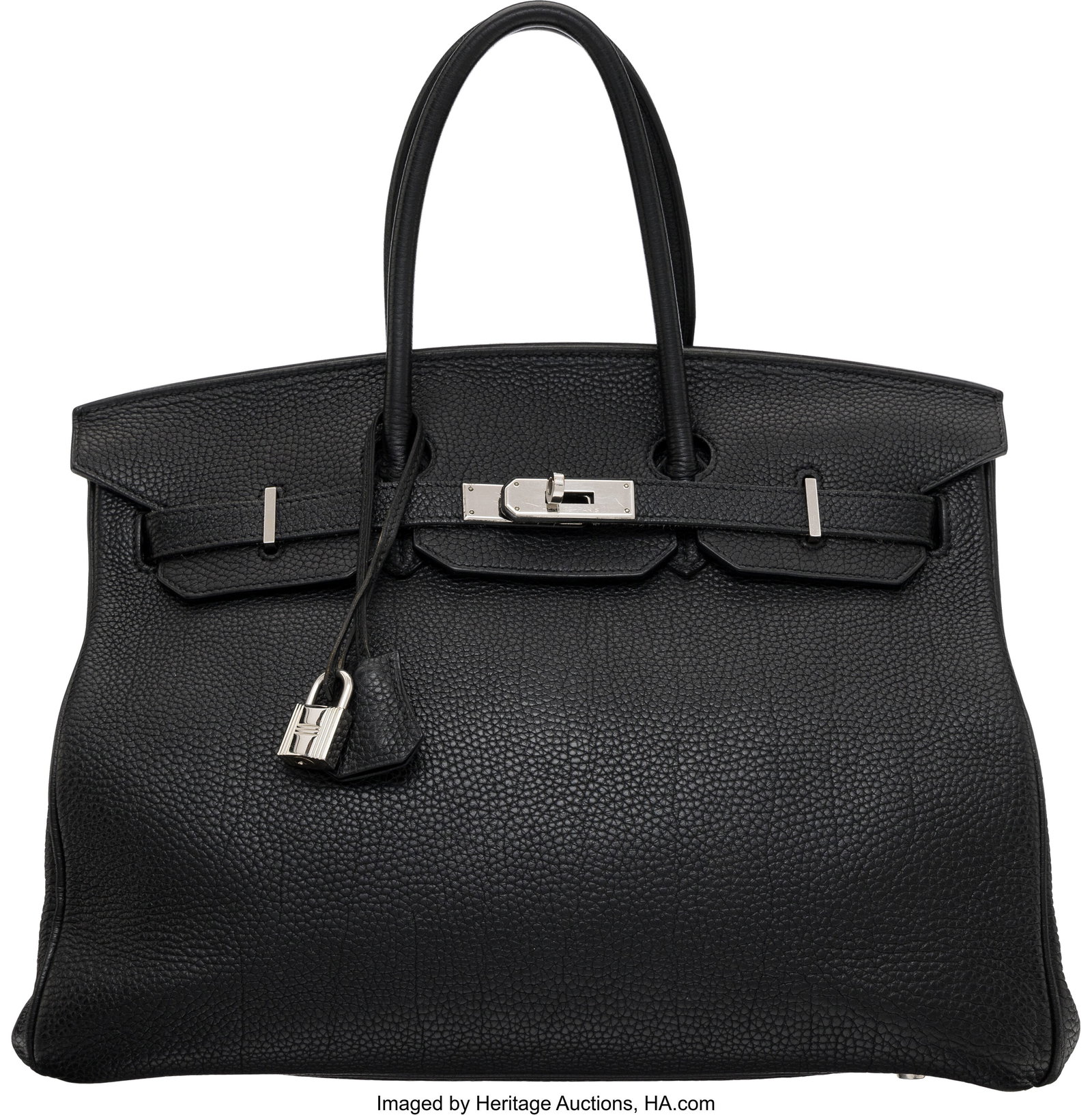 Hermès 35cm Black Fjord Leather Birkin Bag with: Hermès 35cm Black Fjord Leather Birkin Bag with Palladium Hardware L Square, 2008 Condition: 4 14" Width x 10" Height x 7" Depth This bag is done in Black Fjord Leather with Palladi