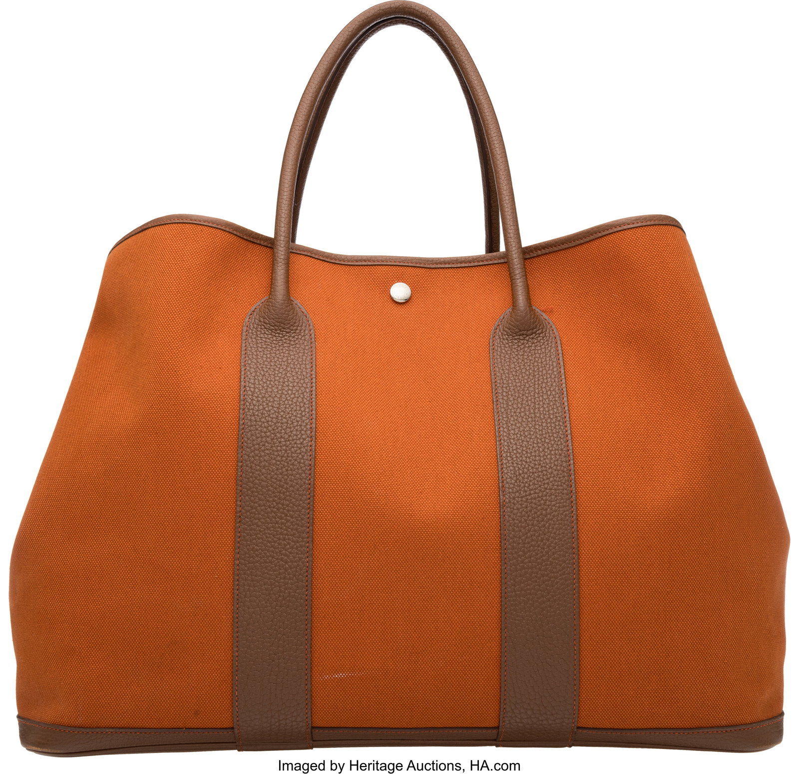 Hermès 49cm Orange Toile & Gold Negonda Leather: Hermès 49cm Orange Toile & Gold Negonda Leather Garden Party TGM with Palladium Hardware O Square, 2011 Condition: 3 19" Width x 13.5" Height x 9" Depth This bag is done 