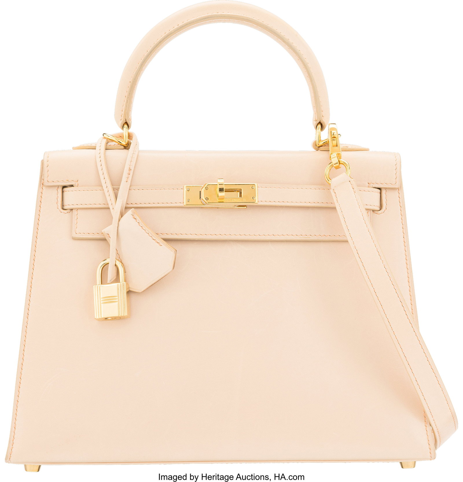 Hermès 25cm Beige Box Calf Leather Kelly Sellie: Hermès 25cm Beige Box Calf Leather Kelly Sellier Bag with Gold Hardware E Square, 2001 Condition: 4 9.5" Width x 7" Height x 3.5" Depth This bag is done in Beige Box C