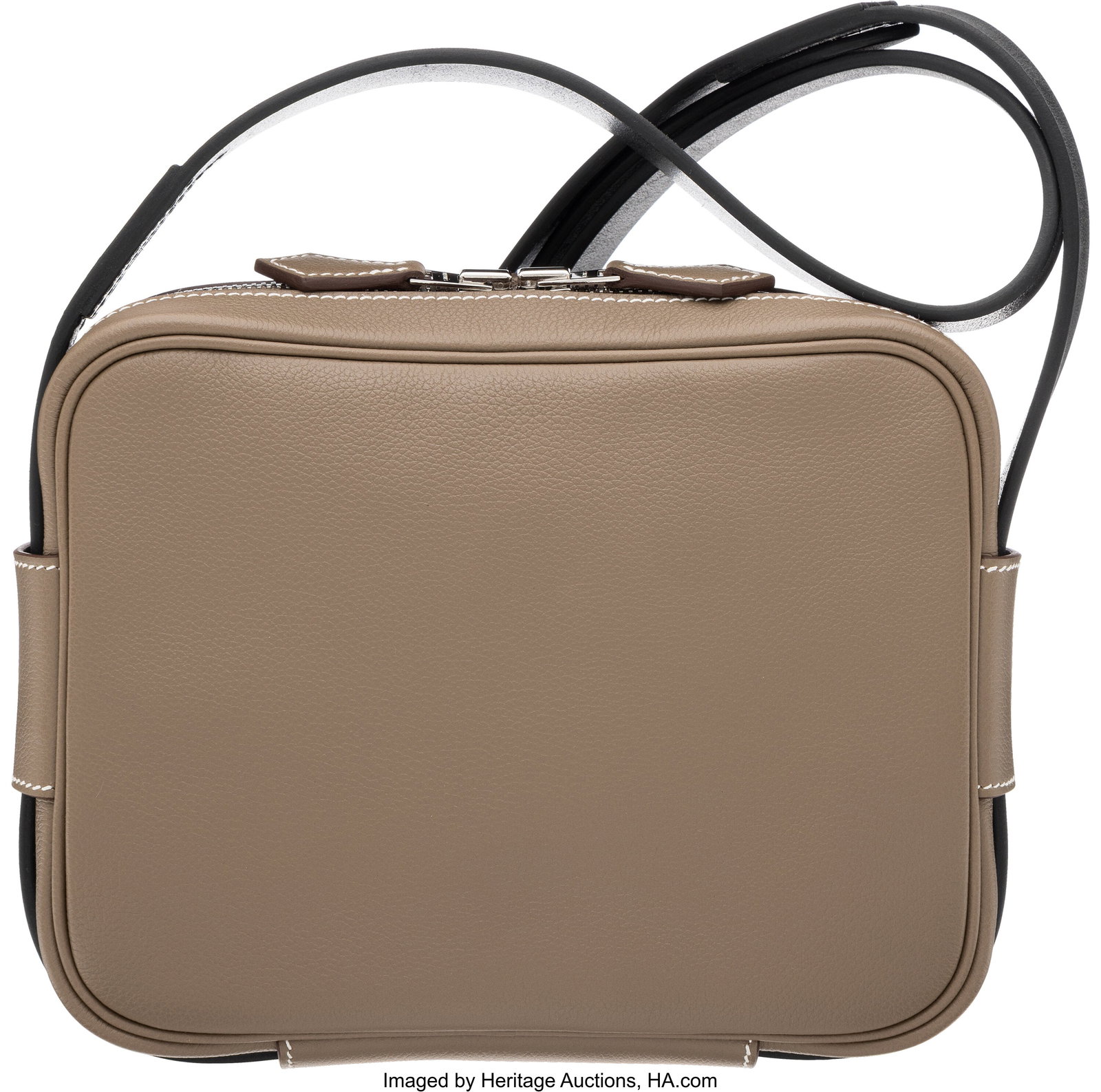 Hermès Etoupe Evercolor Leather & Black Bridle : Hermès Etoupe Evercolor Leather & Black Bridle Leather Onbody Etriviere Bag with Palladium Hardware Condition: 1 8.5" Width x 7" Height x 2.5" Depth This bag is done in 