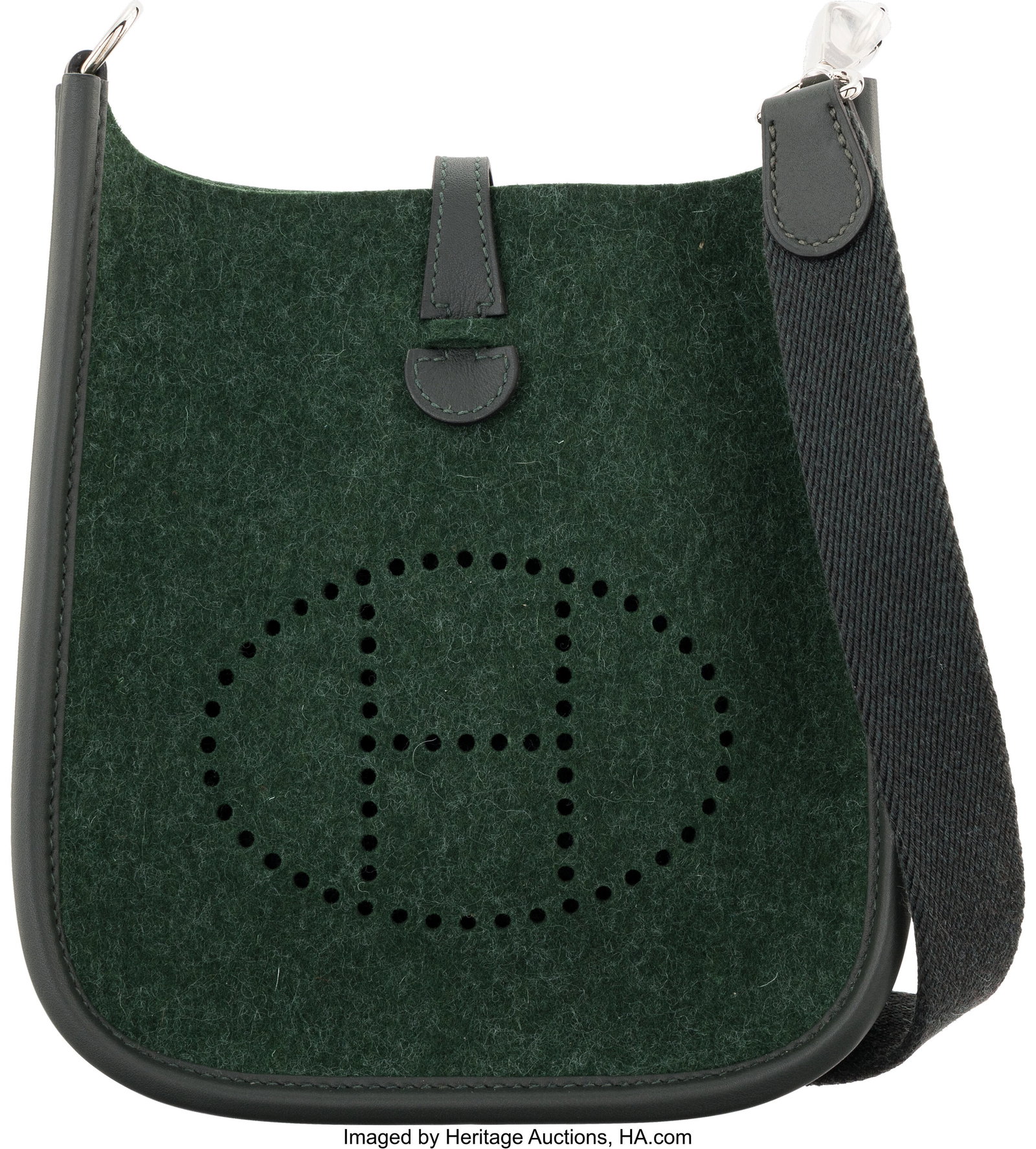 Hermès 16cm Vert Fonce Feutre Wool & Vert Angla: Hermès 16cm Vert Fonce Feutre Wool & Vert Anglaise Swift Leather Evelyne TPM with Palladium Hardware D, 2019 Condition: 1 6.25" Width x 7" Height x 2" Depth This bag is d