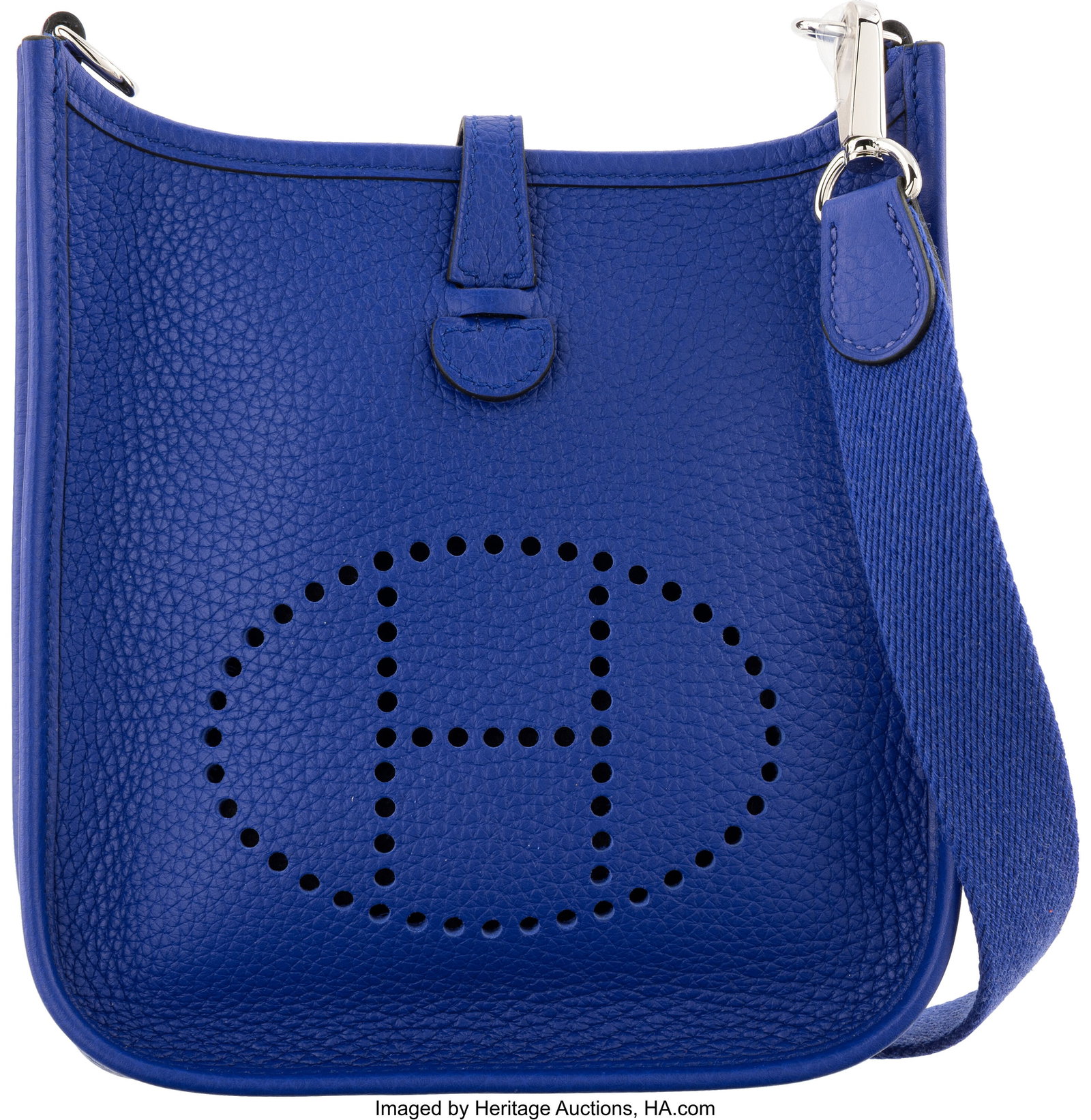 Hermès 16cm Bleu Electrique Clemence Leather TP: Hermès 16cm Bleu Electrique Clemence Leather TPM Evelyne Bag with Palladium Hardware A, 2017 Condition: 1 6.25" Width x 7" Height x 2" Depth This bag is done in Bleu Electriq