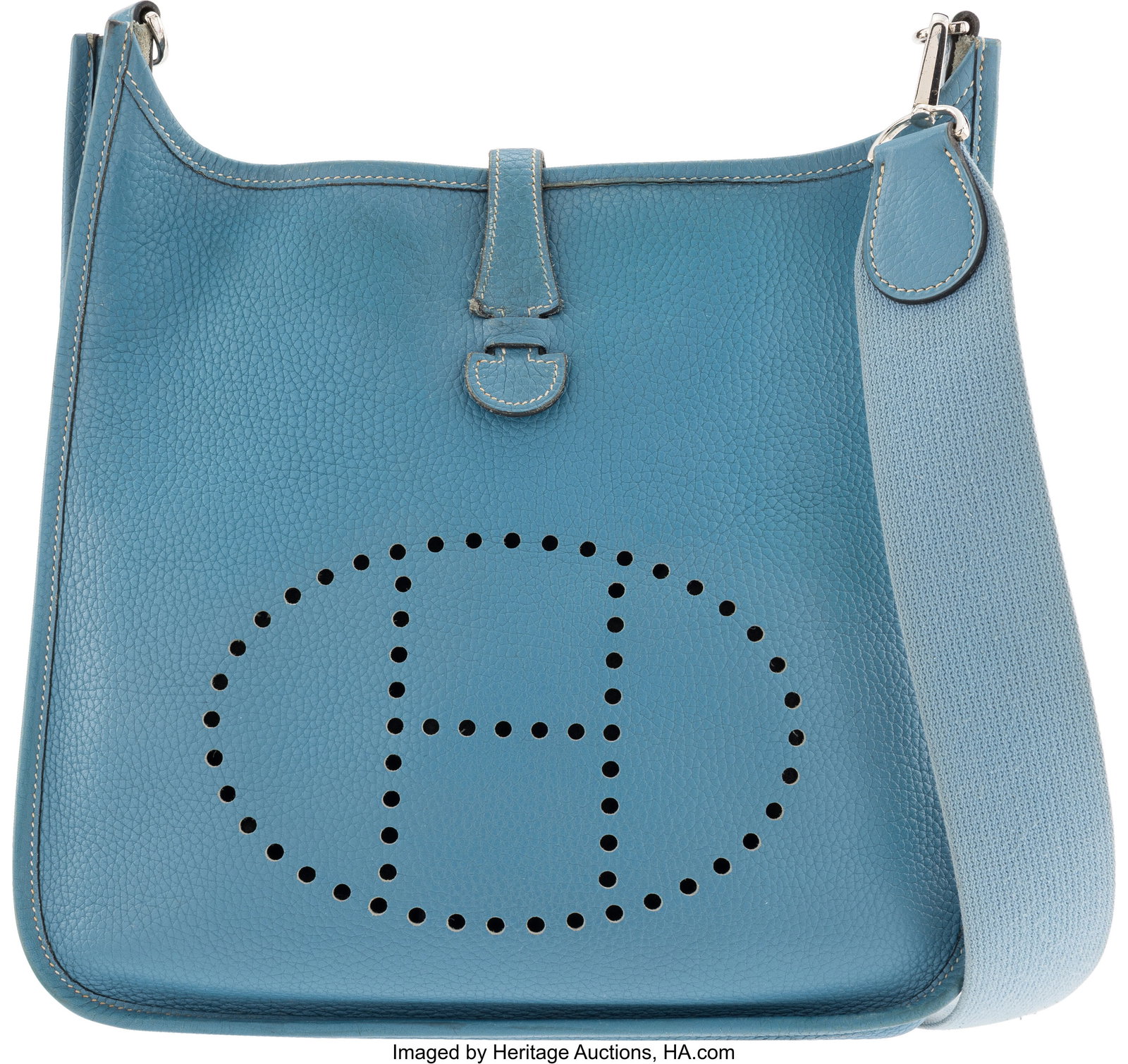 Hermès 29cm Bleu Jean Clemence Leather Evelyne : Hermès 29cm Bleu Jean Clemence Leather Evelyne Bag with Palladium Hardware J Square, 2006 Condition: 4 11.5" Width x 12" Height x 3" Depth This bag is done Bleu Jean Clemence