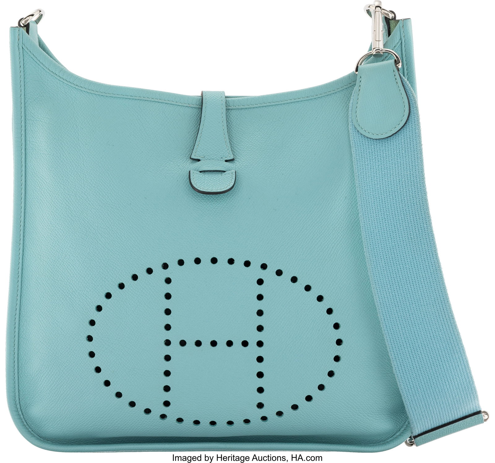 Hermès 29cm Bleu Atoll Epsom Leather Evelyne Ba: Hermès 29cm Bleu Atoll Epsom Leather Evelyne Bag with Palladium Hardware T, 2015 Condition: 2 11.5" Width x 12" Height x 3" Depth This bag is done in Bleu Atoll Epsom Leather