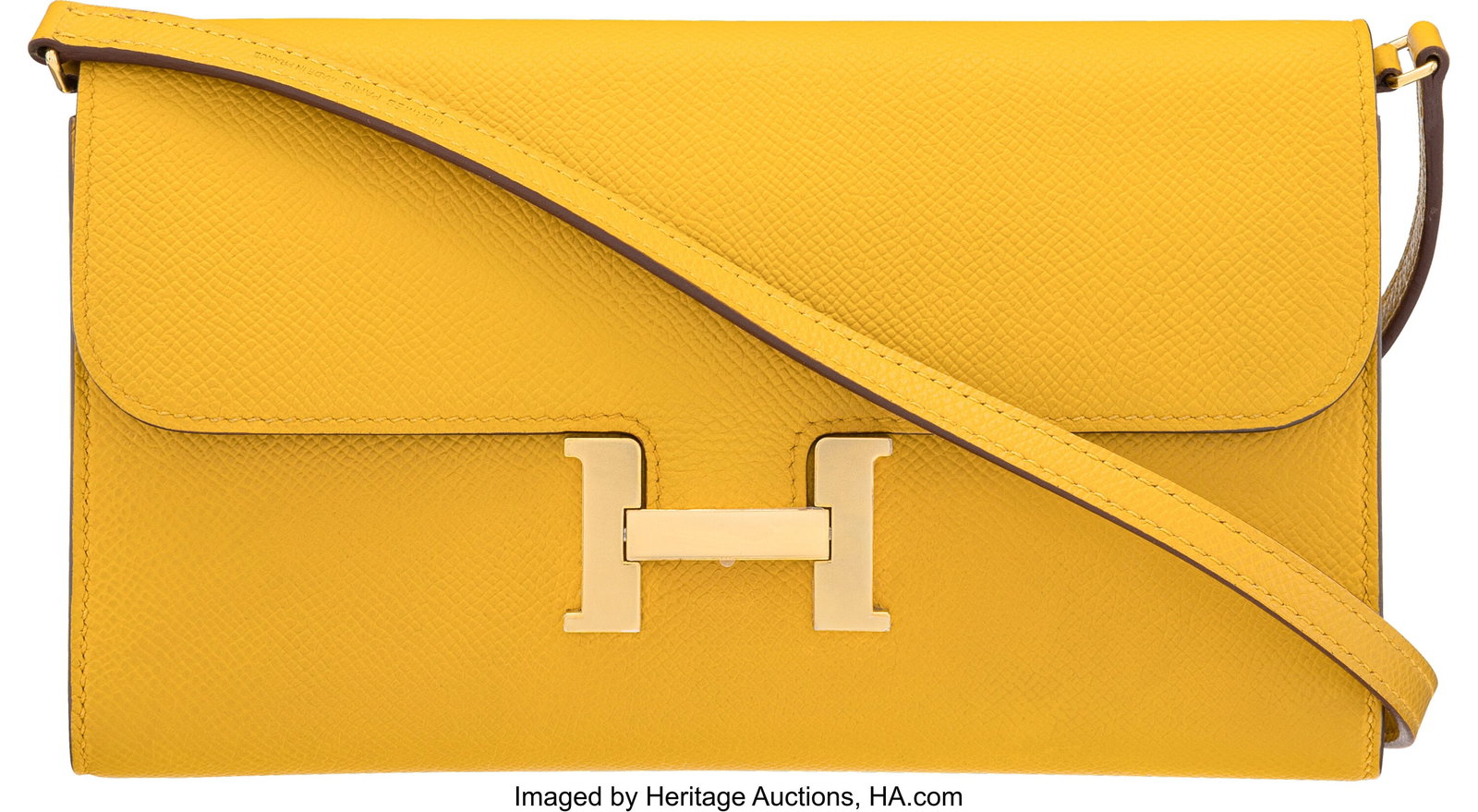 Hermès Jaune Ambre Epsom Leather Kelly To Go Wa: Hermès Jaune Ambre Epsom Leather Kelly To Go Wallet with Gold Hardware Z, 2021 Condition: 2 8" Width x 4.5" Height x 1.25" Depth This wallet is done in Jaune Ambre Eps