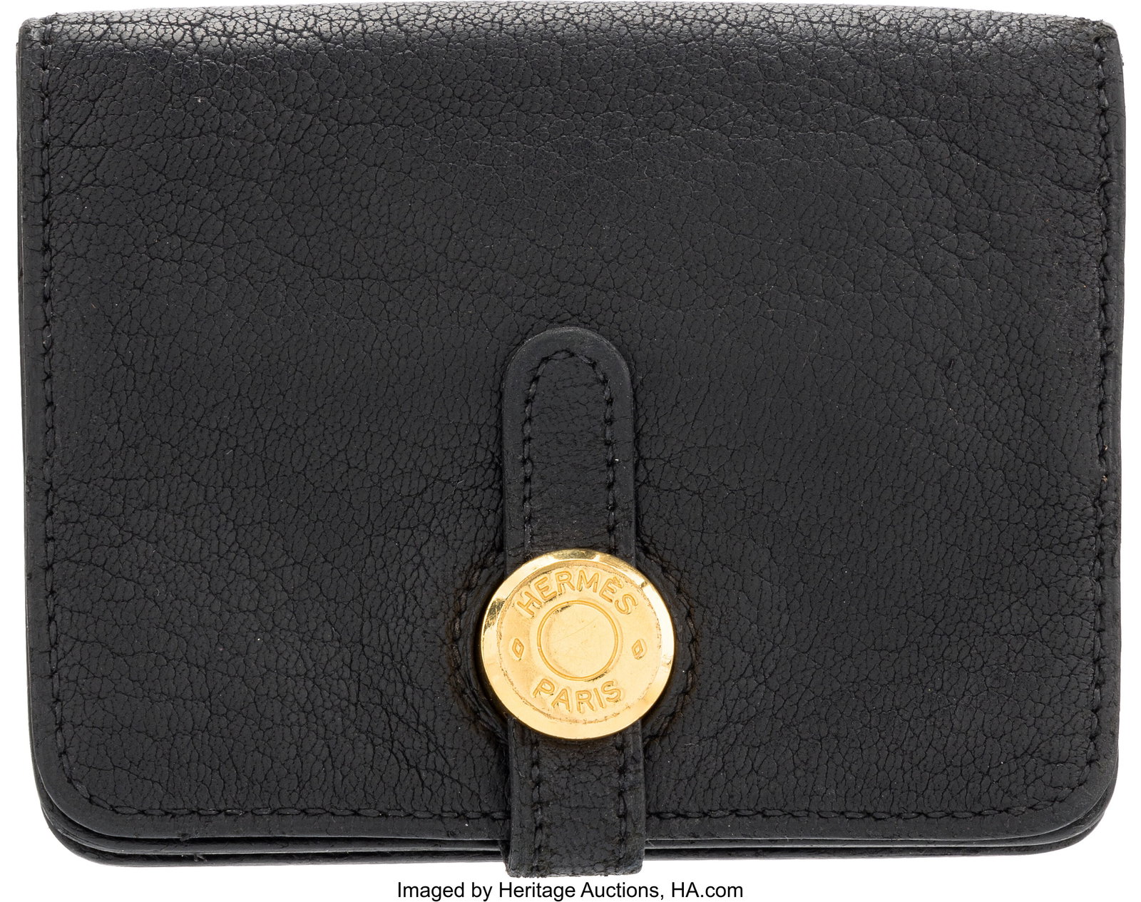 Hermès Black Chevre Leather Dogon Card Holder w: Hermès Black Chevre Leather Dogon Card Holder with Gold Hardware Condition: 4 4.5" Width x 3.15" Height x 1" Depth This wallet is done in Black Chevre Leather with Gold Hard