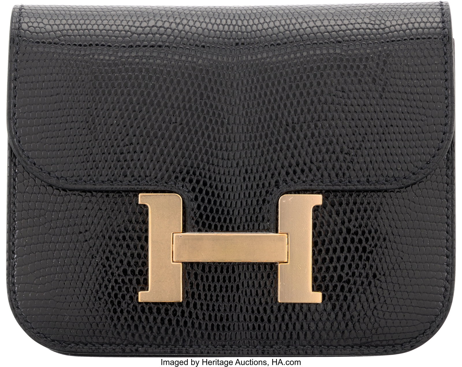Hermès Black Niloticus Lizard Constance Slim Wa: Hermès Black Niloticus Lizard Constance Slim Wallet with Rose Gold Hardware Z, 2021 Condition: 1 4.9" Width x 4" Height x 1.25" Depth This wallet is done in Black Nilo