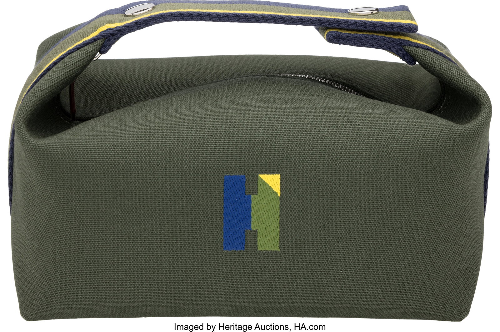 Hermès Kaki Cotton Canvas Bride-a-Brac Small Pa: Hermès Kaki Cotton Canvas Bride-a-Brac Small Pavillon Case with Palladium Hardware Condition: 1 8.25" Width x 4" Height x 4.75" Depth This item is done in Kaki Cotton Canvas