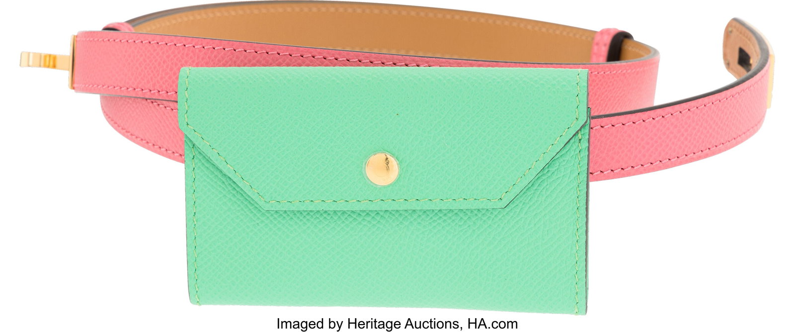 Hermès Rose Azalee & Vert Comics Epsom Leather : Hermès Rose Azalee & Vert Comics Epsom Leather Kelly Pocket 18 Belt with Gold Hardware B, 2023 Condition: 1 Adjustable Size: 21.75" to 39.5" This belt is don