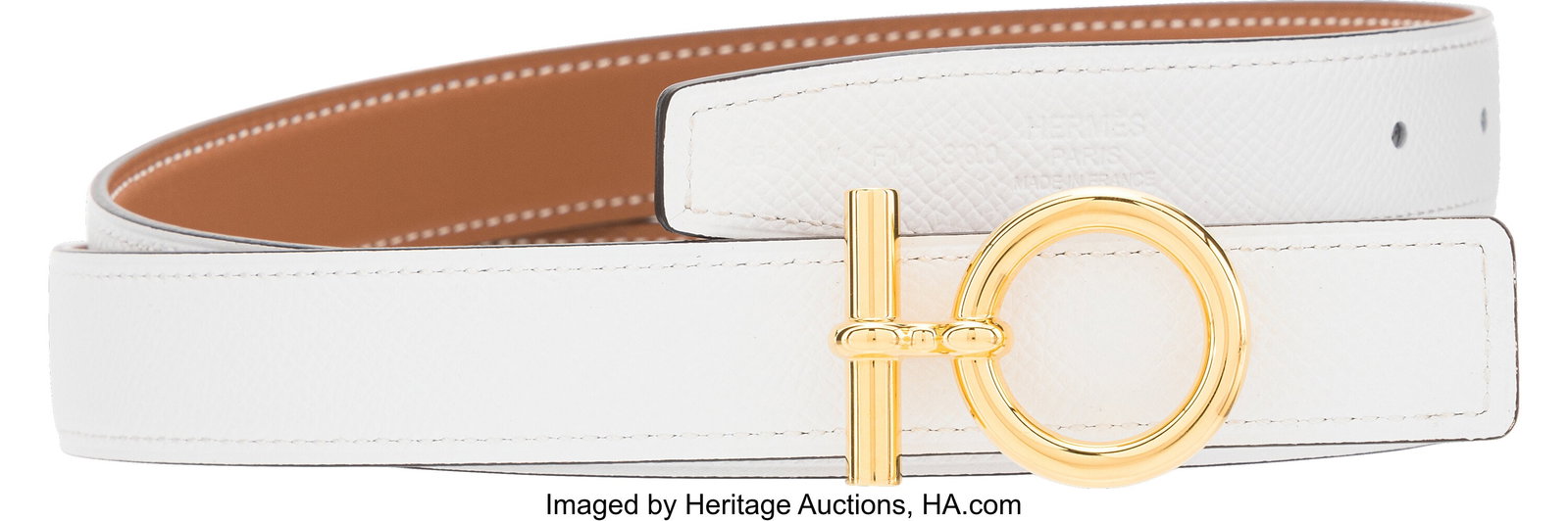 Hermès White Epsom Leather & Gold Swift Leather: Hermès White Epsom Leather & Gold Swift Leather Reversible Belt with Gold Godronne Buckle W, 2024 Condition: 1 Size 95 This belt is done in White Epsom Leather and Gold Swift Le