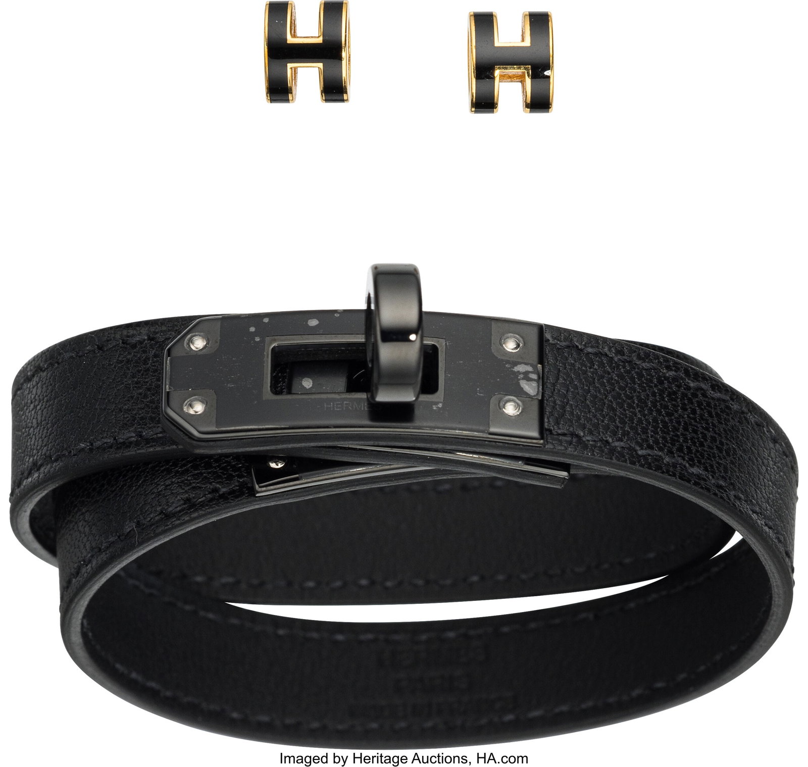 Hermès Set of Two: So Black Kelly Double Tour B: Hermès Set of Two: So Black Kelly Double Tour Bracelet & Mini Pop H Earrings See Extended Condition Report for Details. This set includes: Hermès So Black Leather 