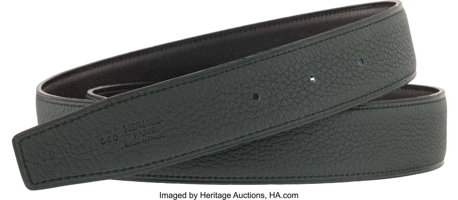 Hermès Vert Fonce Togo Leather Reversible Belt : Hermès Vert Fonce Togo Leather Reversible Belt U, 2022 Condition: 1 Size 90, 1" Width This belt is done in Vert Fonce Swift Leather. This belt includes an Hermès