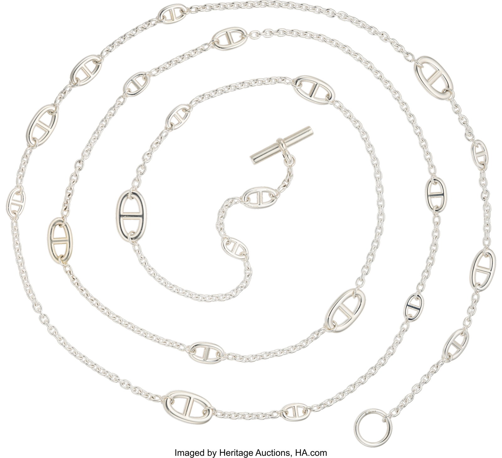 Hermès Sterling Silver Farandole Long Necklace : Hermès Sterling Silver Farandole Long Necklace 160 Condition: 2 63" Length This necklace is done in Sterling Silver, finished with a toggle closure. This necklace is signed
