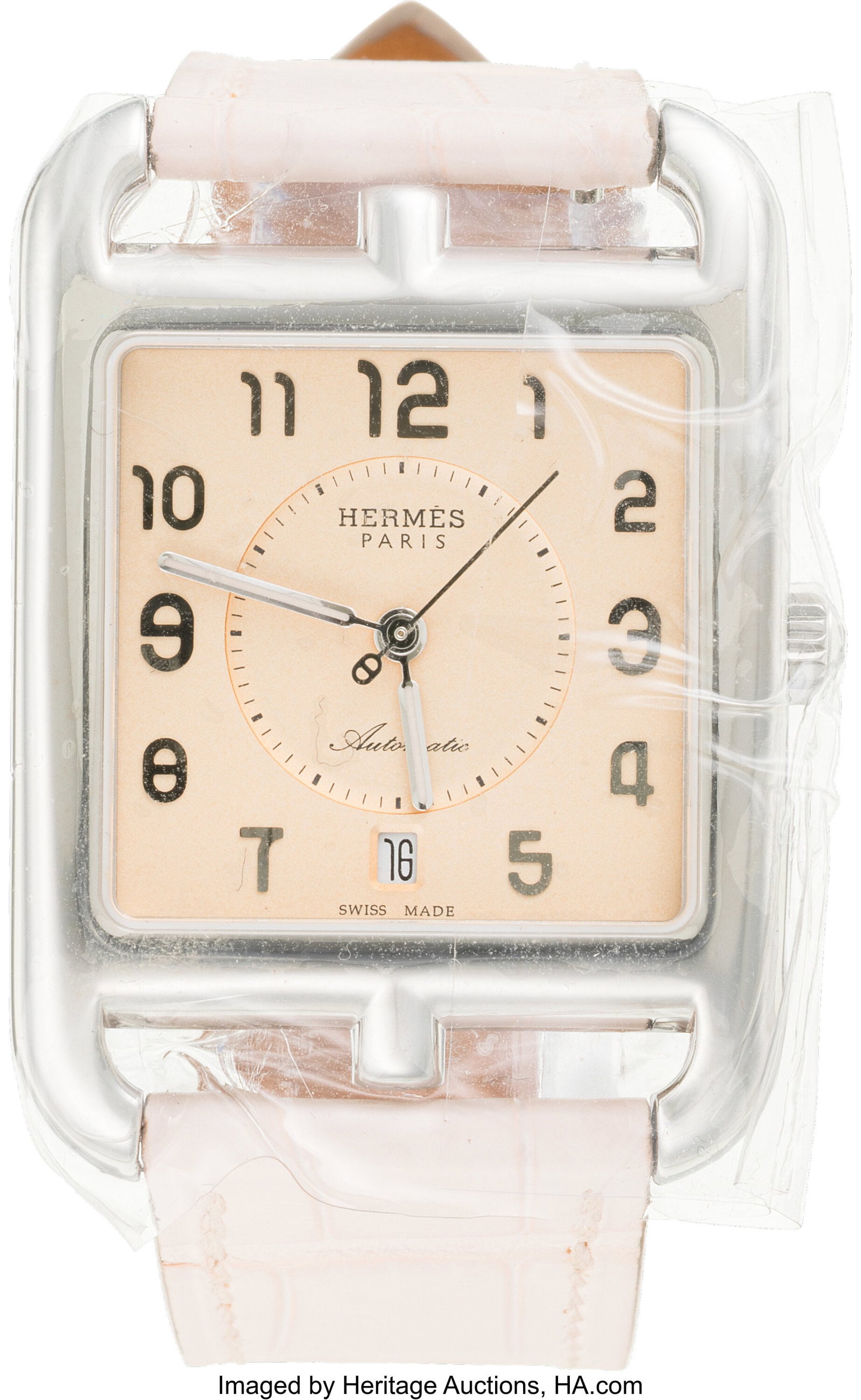 Hermès 37mm Cape Cod Automatic Watch, Large Mod: Hermès 37mm Cape Cod Automatic Watch, Large Model with Matte Rose Pale Alligator Strap Condition: 1 6.7"-7.3" Wrist Size This watch features a Steel Case with a Quartz