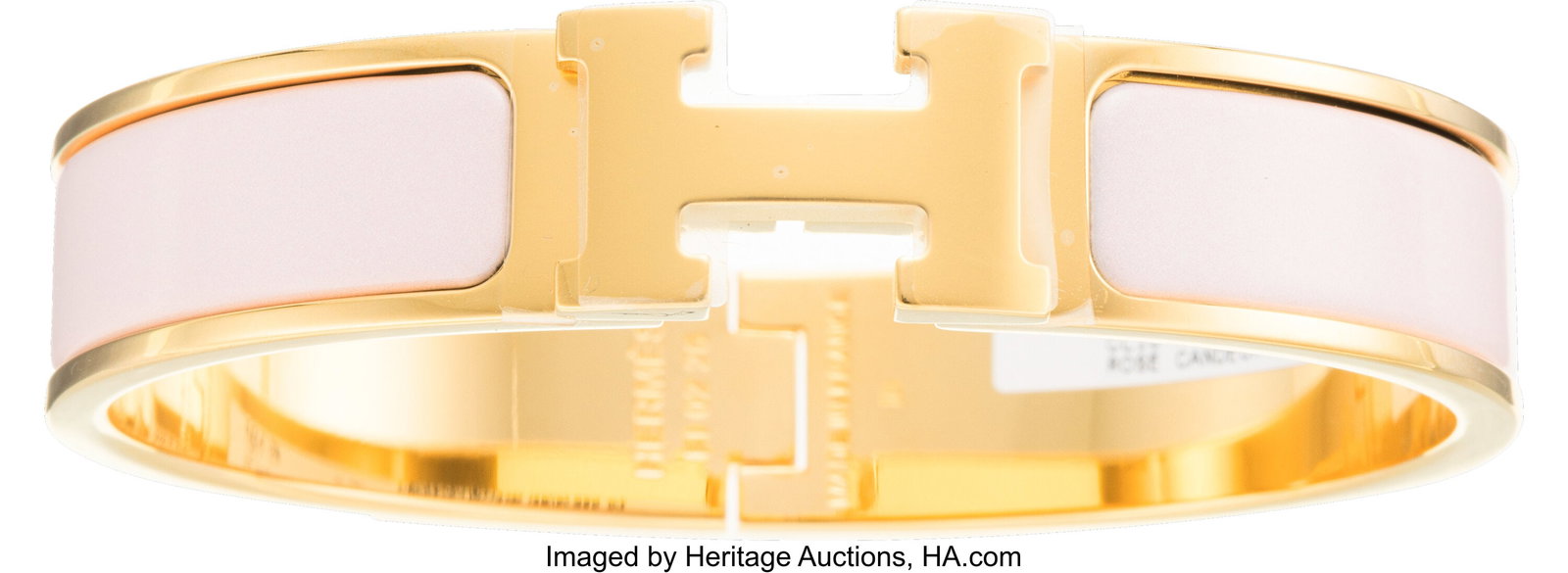 Hermès Rose Candeur Enamel Clic H PM Bracelet w: Hermès Rose Candeur Enamel Clic H PM Bracelet with Gold Hardware Condition: 1 7" Circumference x 0.5" Width This bracelet is done in Rose Candeur Enamel with Gold Hardware.