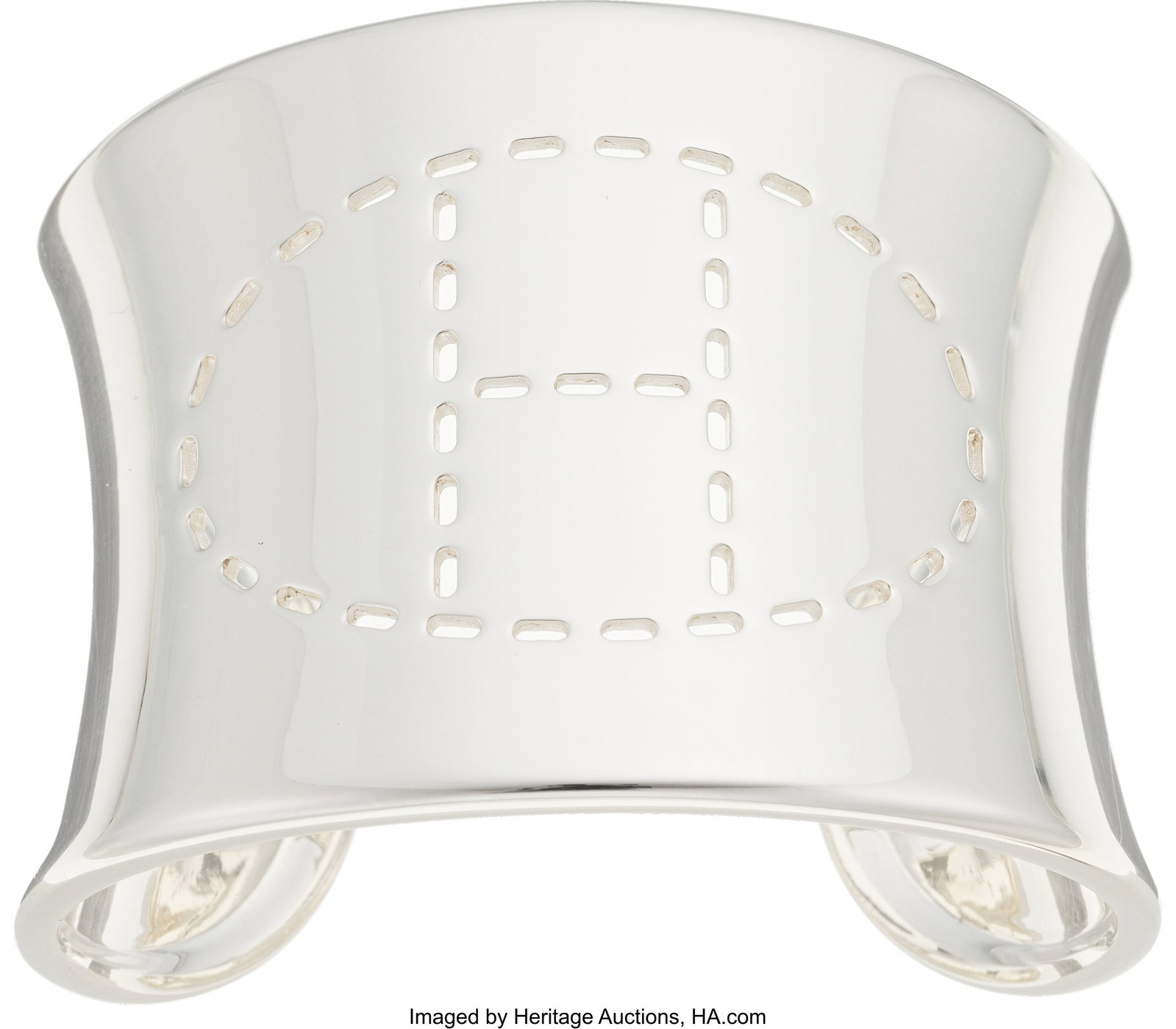 Hermès Sterling Silver Point Sellier Cuff Brace: Hermès Sterling Silver Point Sellier Cuff Bracelet Condition: 2 6" Inner Circumference x 2" Width This bracelet is done in Sterling Silver. This bracelet is signed and marked with 