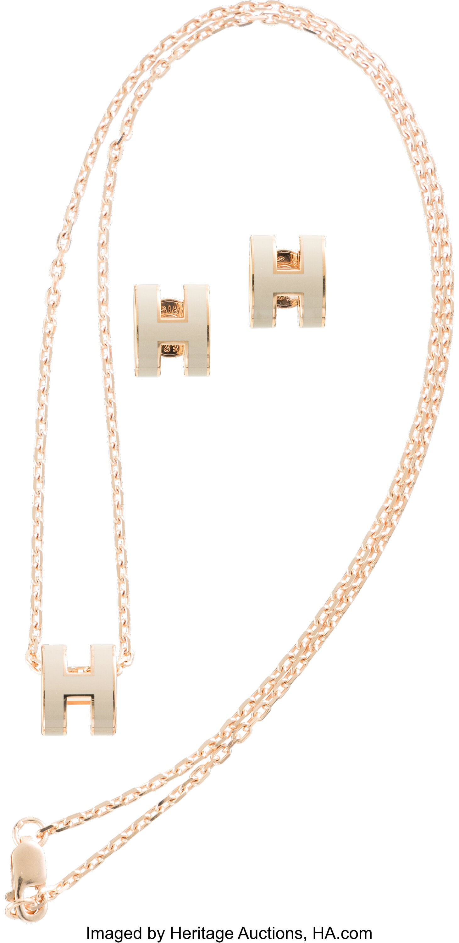 Hermès Set of Two: Rose Gold & Marron Glacé Mi: Hermès Set of Two: Rose Gold & Marron Glacé Mini Pop H Pendant & Earrings See Extended Condition Report for Details. This set includes: Hermès Rose Gold