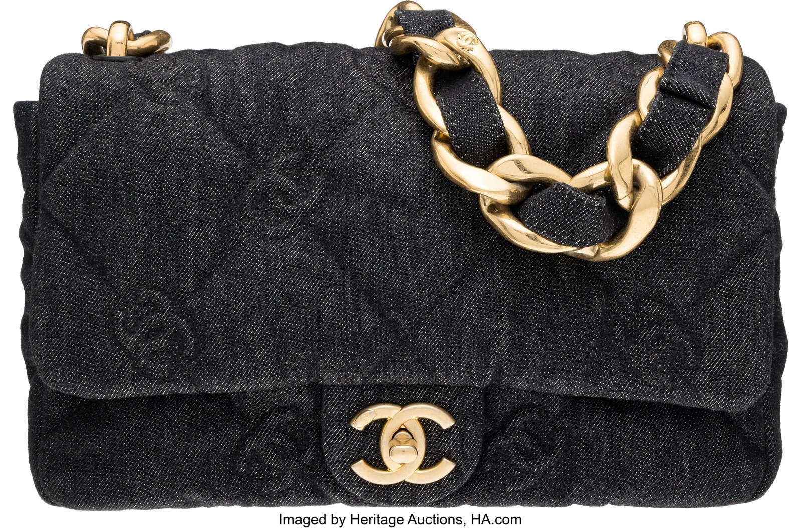 Chanel Black CC Quilted Denim Medium Funky Town : Chanel Black CC Quilted Denim Medium Funky Town Flap Bag with Aged Gold Hardware 2022 Condition: 2 10" Width x 6" Height x 2.5" Depth This bag is done in Black Denim with Aged Gold Hardwa