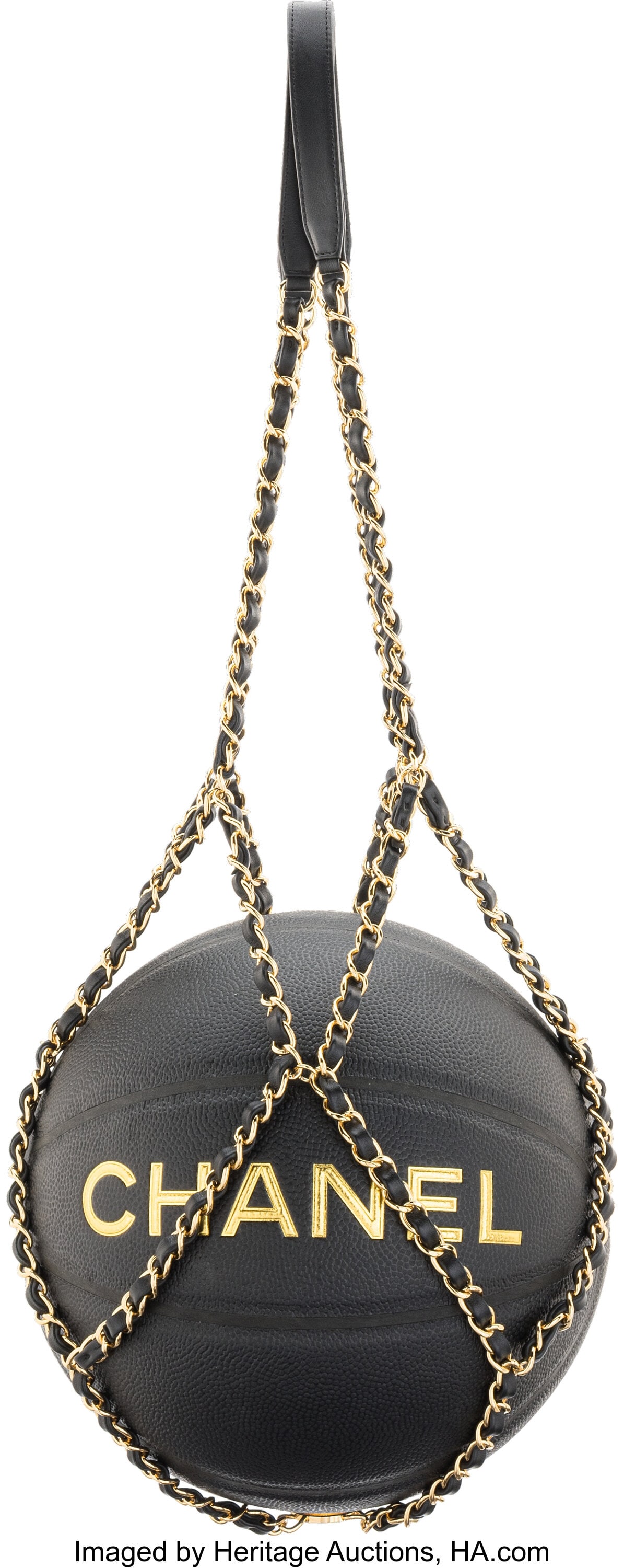 Chanel Black & Gold Rubber Basketball and Black : Chanel Black & Gold Rubber Basketball and Black Calfskin Leather Chain Net with Gold Hardware Autumn/Winter 2019 Condition: 2 9.25" Width x 9.25" Height x 9.25" Dept
