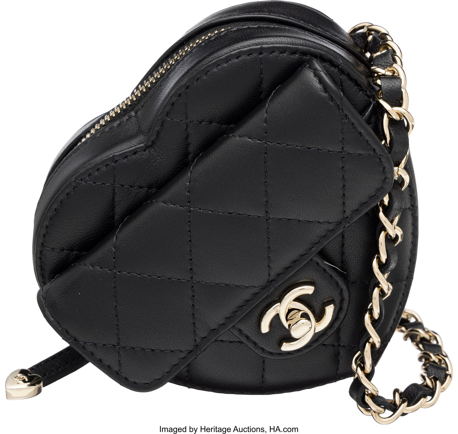 Chanel Black Quilted Lambskin Leather CC In Love: Chanel Black Quilted Lambskin Leather CC In Love Heart Clutch On Chain with Light Gold Hardware 2021 Condition: 1 3.5" Width x 3.5" Height x 1.5" Depth This bag is done in B
