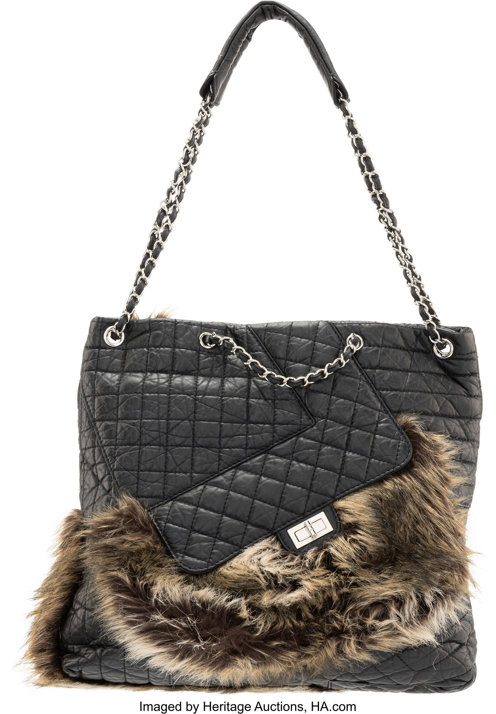 Chanel Black Quilted Aged Calfskin Leather Karl': Chanel Black Quilted Aged Calfskin Leather Karl's Cabas Fantasy Fur Tote Bag with Silver Hardware 2009-2010 Condition: 2 15" Width x 15" Height x 3" Depth This bag is done in Black Quilted Aged 