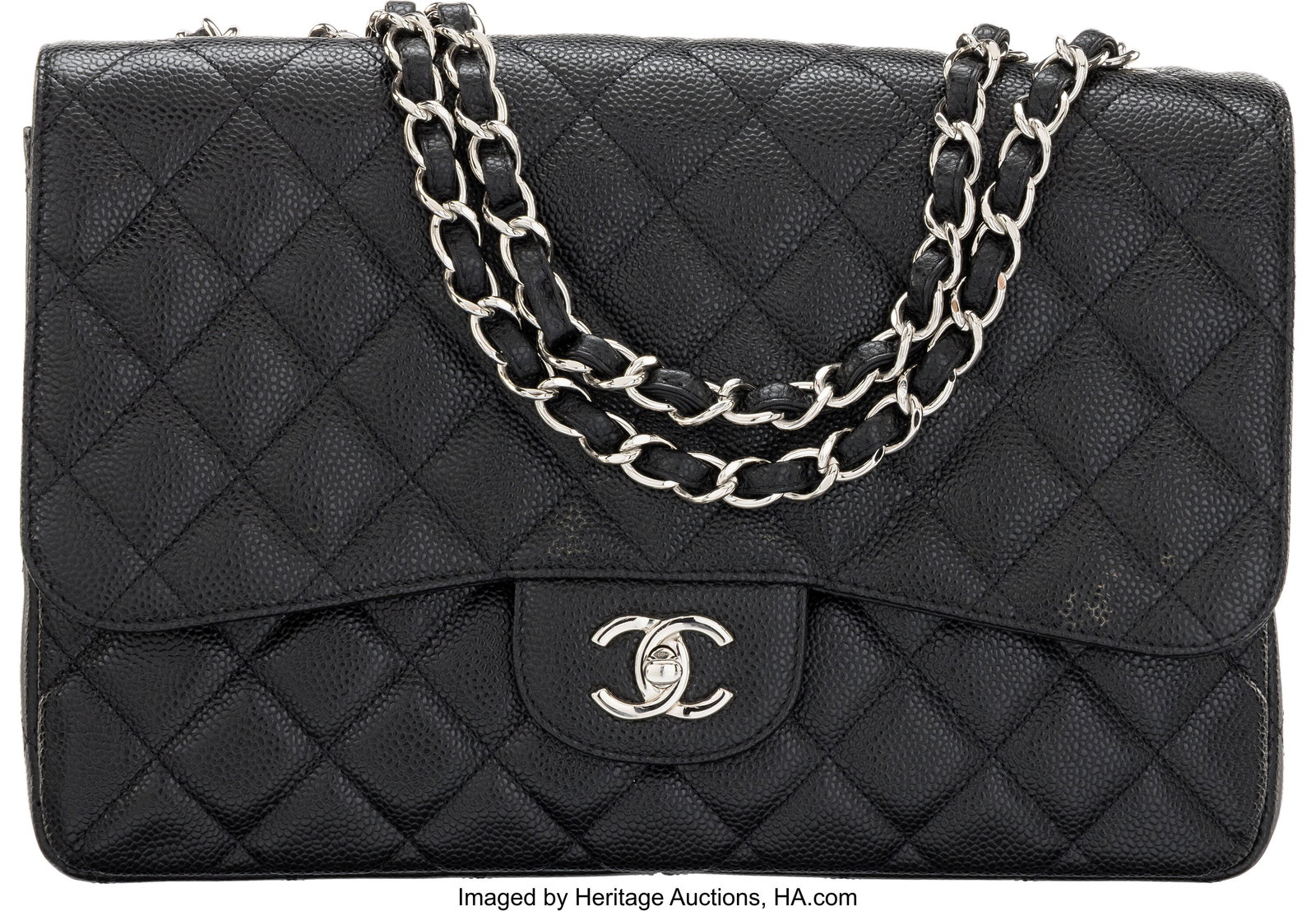 Chanel Black Quilted Caviar Leather Jumbo Classi: Chanel Black Quilted Caviar Leather Jumbo Classic Flap Bag with Silver Hardware 2009-2010 Condition: 3 11.75" Width x 7.75" Height x 4" Depth This bag is done in Black Quilted Cavi