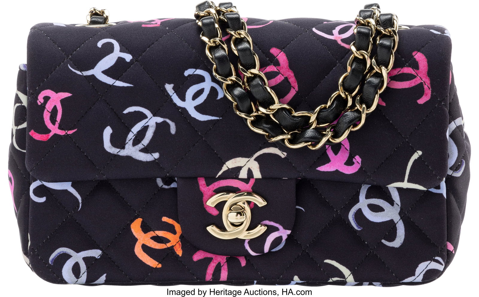 Chanel Black & Multicolor CC Printed Fabric Rect: Chanel Black & Multicolor CC Printed Fabric Rectangular Mini Flap Bag with Light Gold Hardware 2024 Condition: 1 7.75" Width x 5.5" Height x 2.25" Depth This bag is done