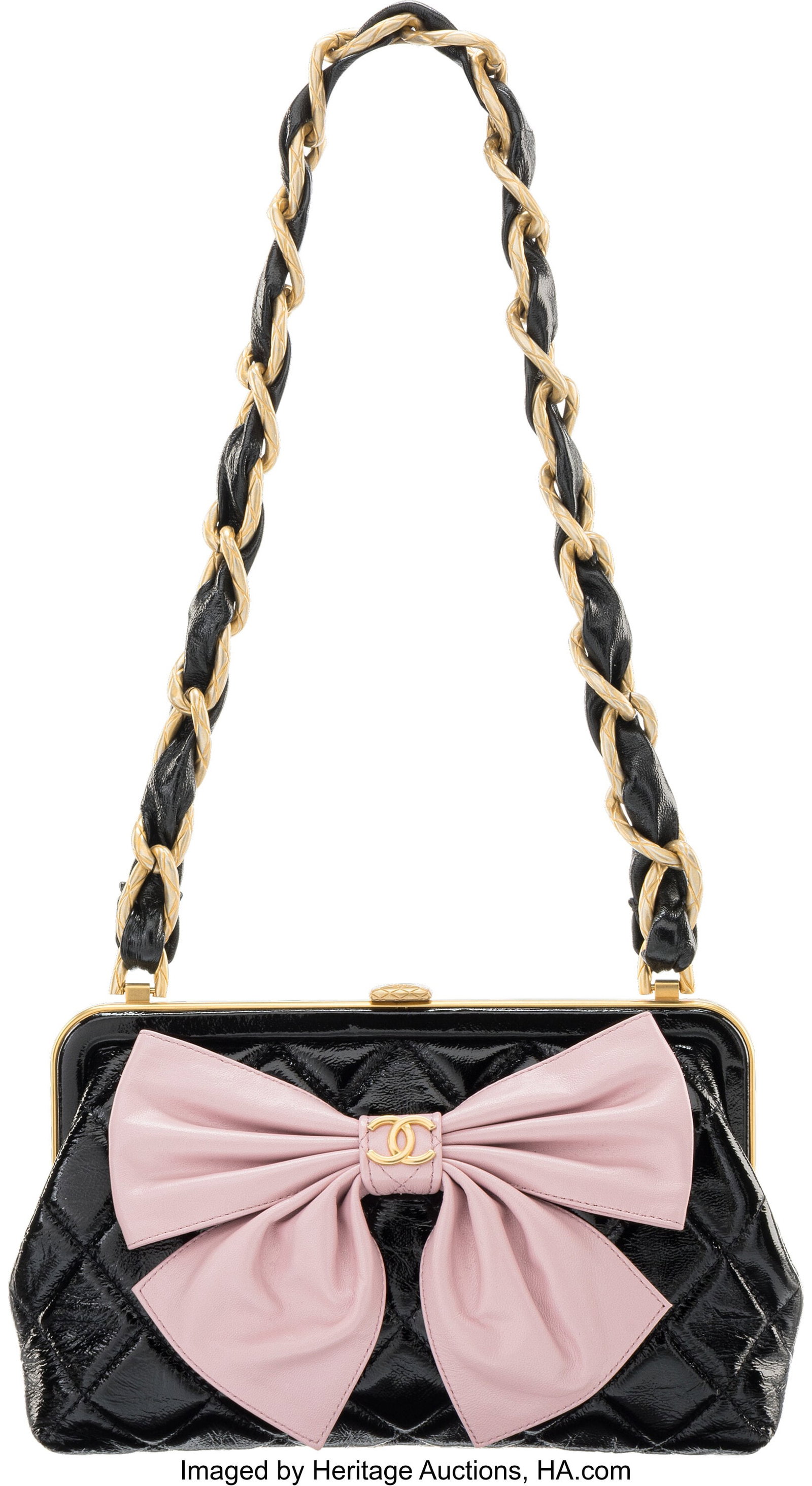 Chanel Black Quilted Patent Leather Pink Bow Clu: Chanel Black Quilted Patent Leather Pink Bow Clutch with Aged Gold Hardware 2024 Condition: 1 9" Width x 5.5" Height x 2" Depth This bag is done in Black Patent Leather with Aged Gold Har