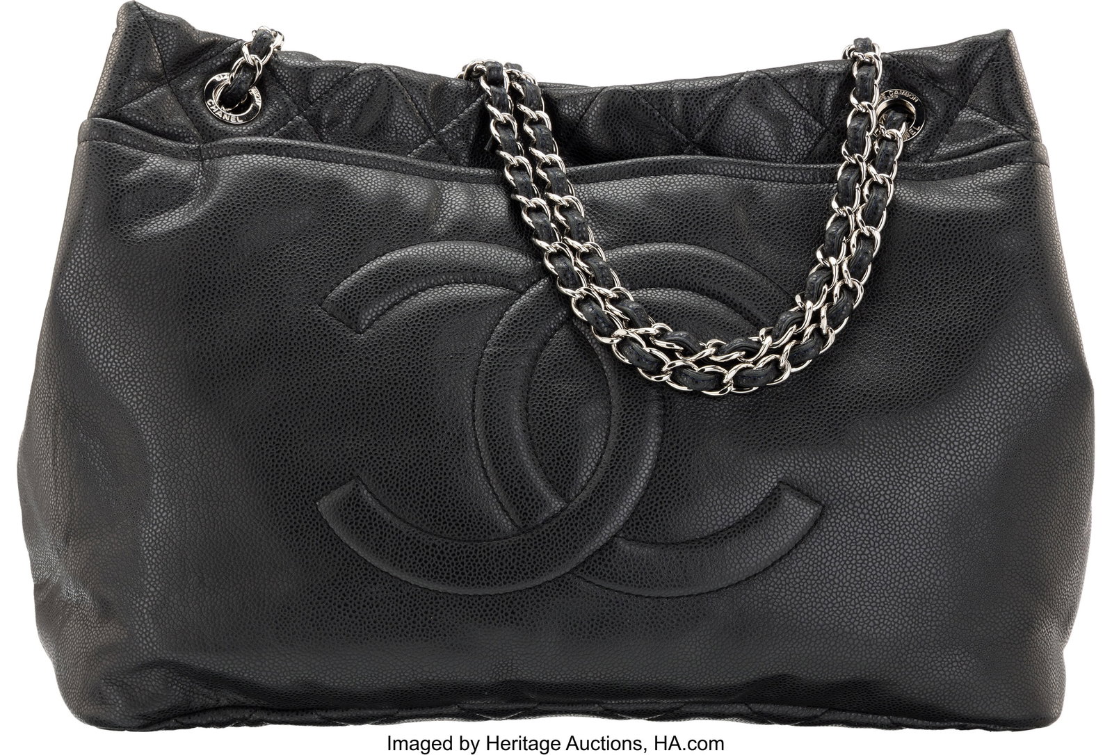 Chanel Black Caviar Leather Timeless CC Large So: Chanel Black Caviar Leather Timeless CC Large Soft Tote with Silver Hardware 2009-2010 Condition: 3 16" Width x 12" Height x 6.5" Depth This bag is done in Black Caviar Leather with Silve