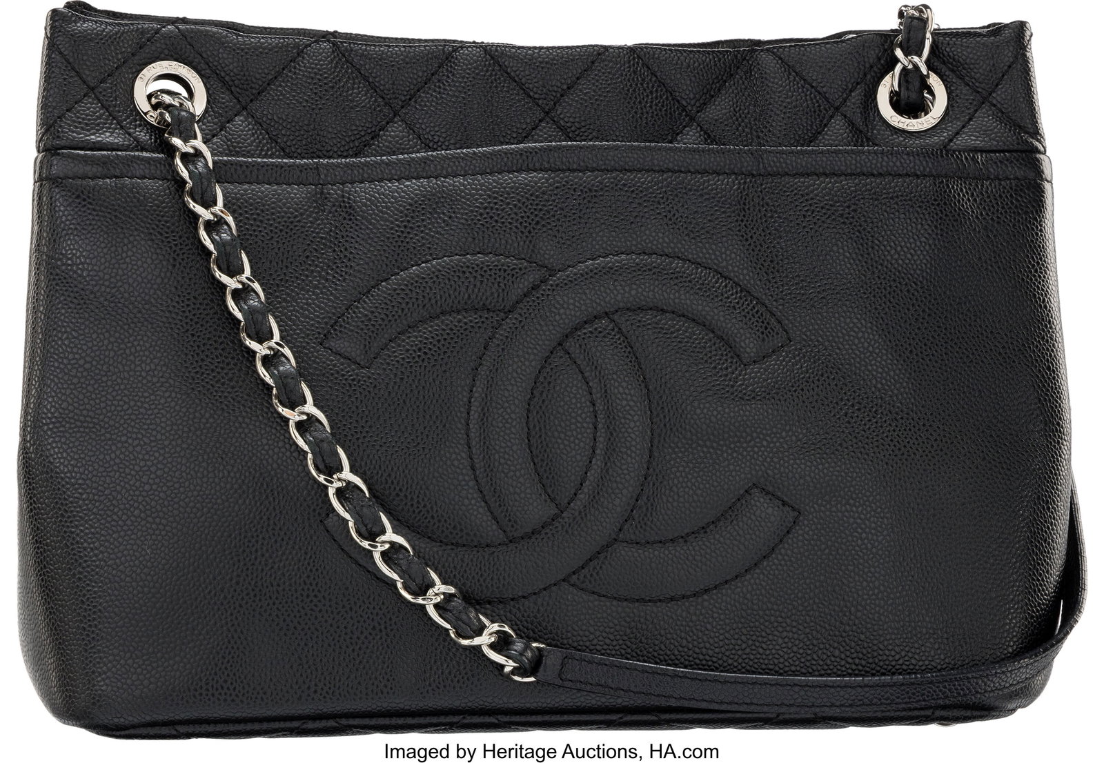 Chanel Black Caviar Leather Timeless CC Soft Sho: Chanel Black Caviar Leather Timeless CC Soft Shopping Tote with Silver Hardware 2011-2012 Condition: 2 13" Width x 7" Depth x 9" Height This bag is done in Black Caviar Leather with Silver Hardw