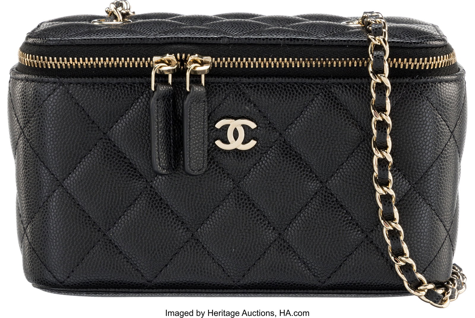 Chanel Black Quilted Caviar Leather Small Vanity: Chanel Black Quilted Caviar Leather Small Vanity Case with Gold Hardware Condition: 2 7" Width x 4" Height x 3.5" Depth This bag is done in Black Caviar Leather with Gold Hardware, 