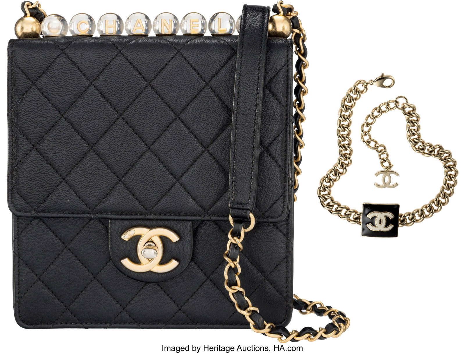Chanel Set of Two: Black Mini Chic Pearls Flap B: Chanel Set of Two: Black Mini Chic Pearls Flap Bag & CC Necklace See Extended Condition Report for Details. This set includes: Chanel Black Quilted Calfskin Leather Mini Square 