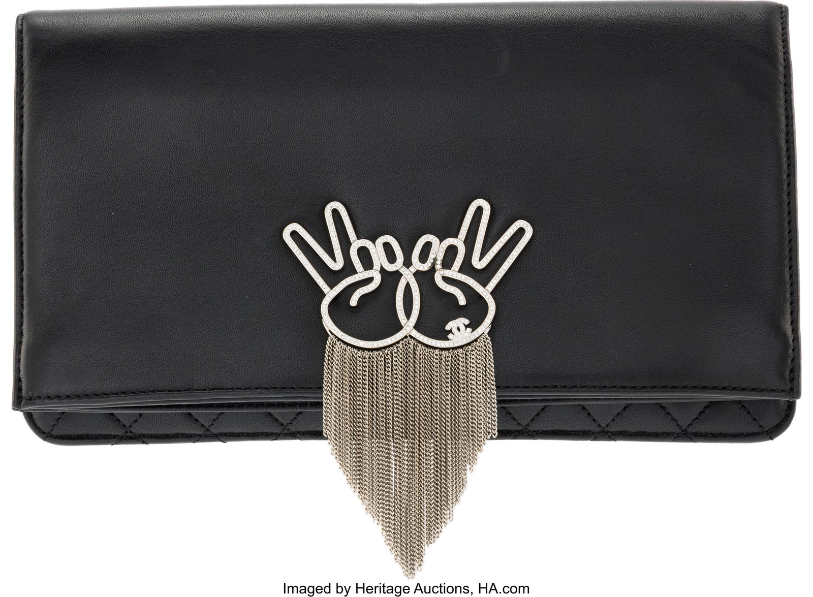Chanel Black Lambskin Leather Strass Peace Fold : Chanel Black Lambskin Leather Strass Peace Fold Over Clutch with Silver Hardware 2016-2017 Condition: 2 10" Width x 7.75" Height 1" Depth This bag is done in Black Lambskin Leather with S