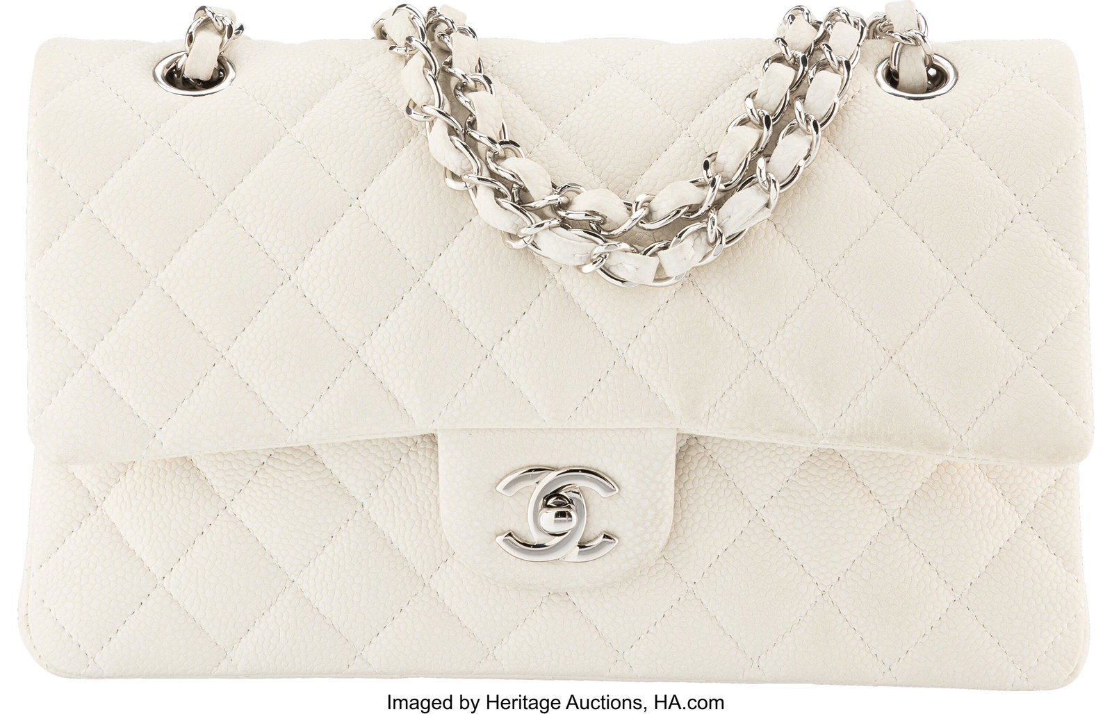 Chanel Cream Quilted Caviar Leather Medium Class: Chanel Cream Quilted Caviar Leather Medium Classic Double Flag Bag with Silver Hardware 2013-2014 Condition: 3 10" Width x 6" Height x 2.5" Depth This bag is done in Cream Quilted Caviar 