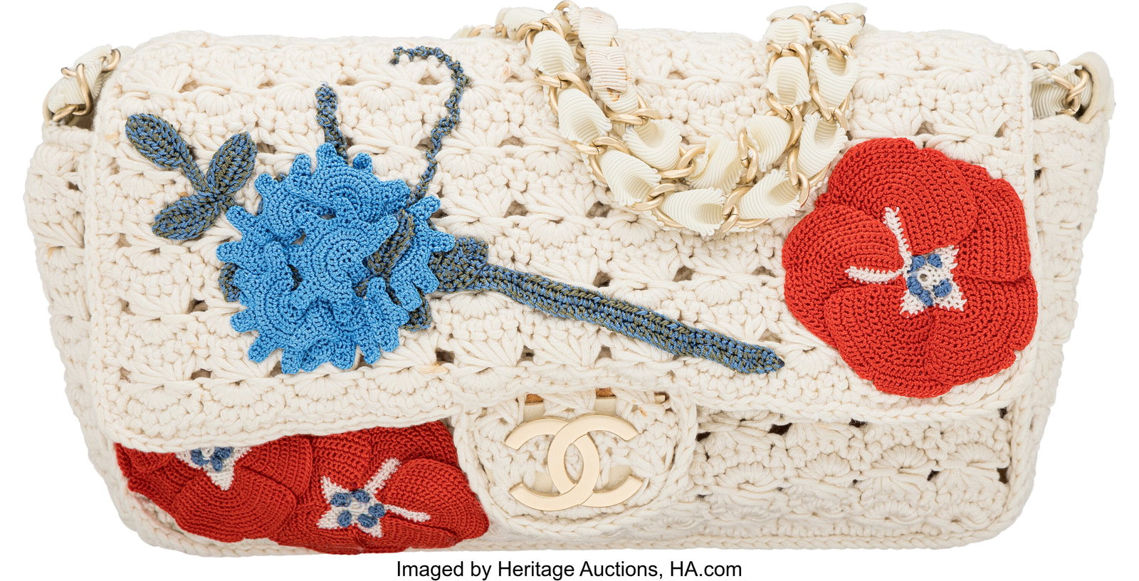 Chanel White & Multicolor Crochet Camellia Flap  (1 of 4)