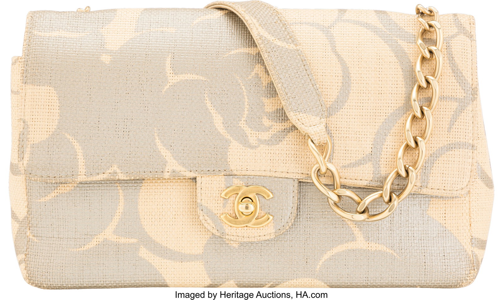 Chanel Metallic Silver Camellia Print Raffia Sin (1 of 3)