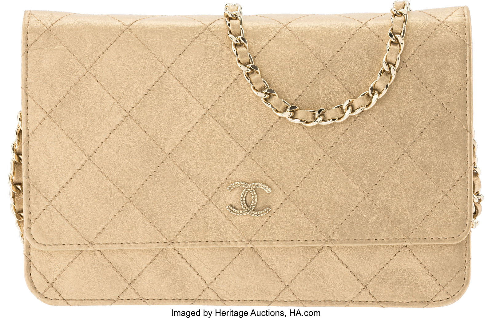 Chanel Metallic Gold Quilted Aged Calfskin Leath: Chanel Metallic Gold Quilted Aged Calfskin Leather Wallet on Chain with Gold Hardware 2011-2012 Condition: 3 7.5" Width x 5" Height x 0.75" Depth This bag is done in Metallic Gold 