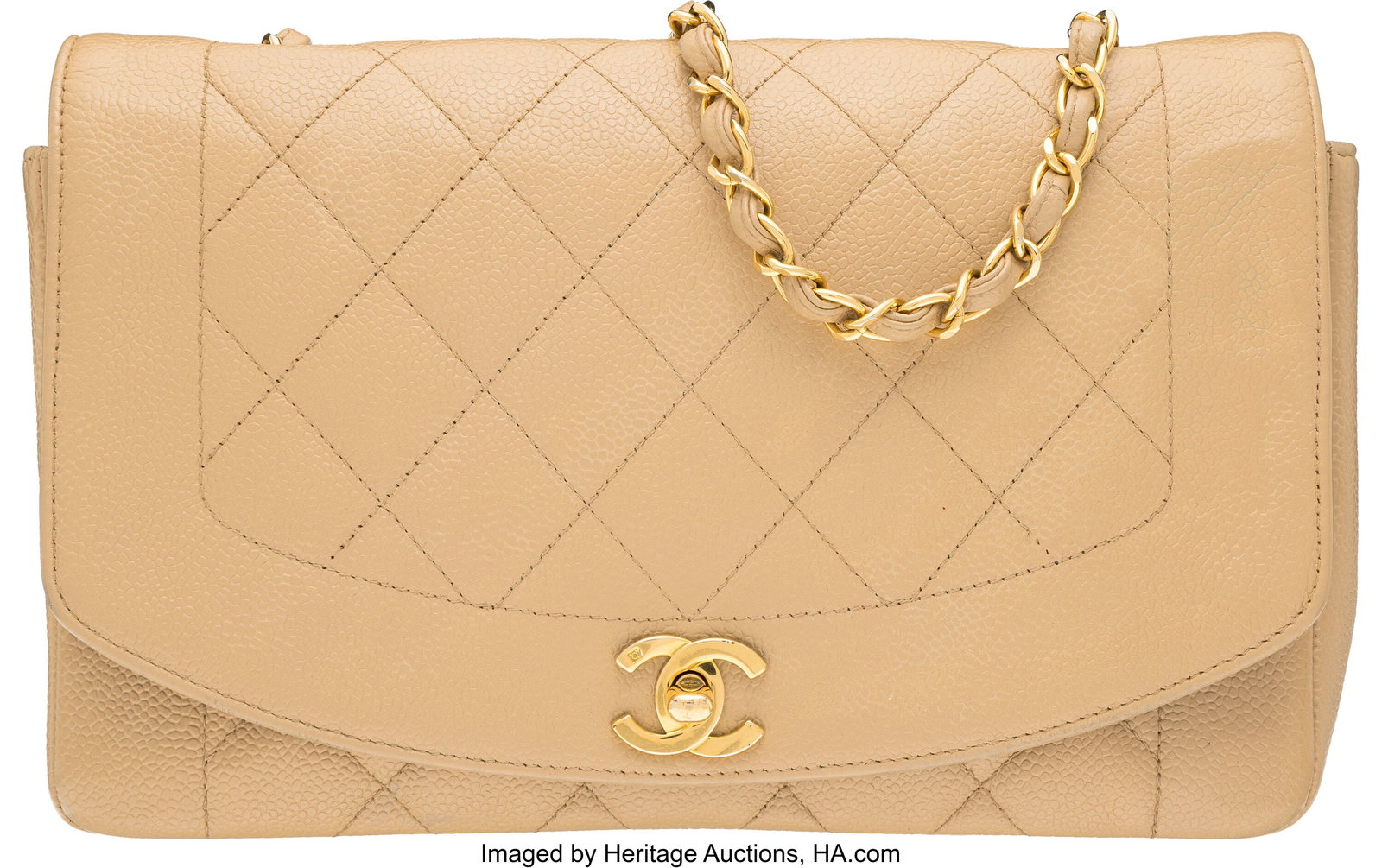 Chanel Vintage Beige Quilted Caviar Leather Medi: Chanel Vintage Beige Quilted Caviar Leather Medium Diana Flap Bag with Gold Hardware 1990s Condition: 3 10" Width x 6.5" Height x 3" Depth This bag is done in Beige Quilted Caviar Leather