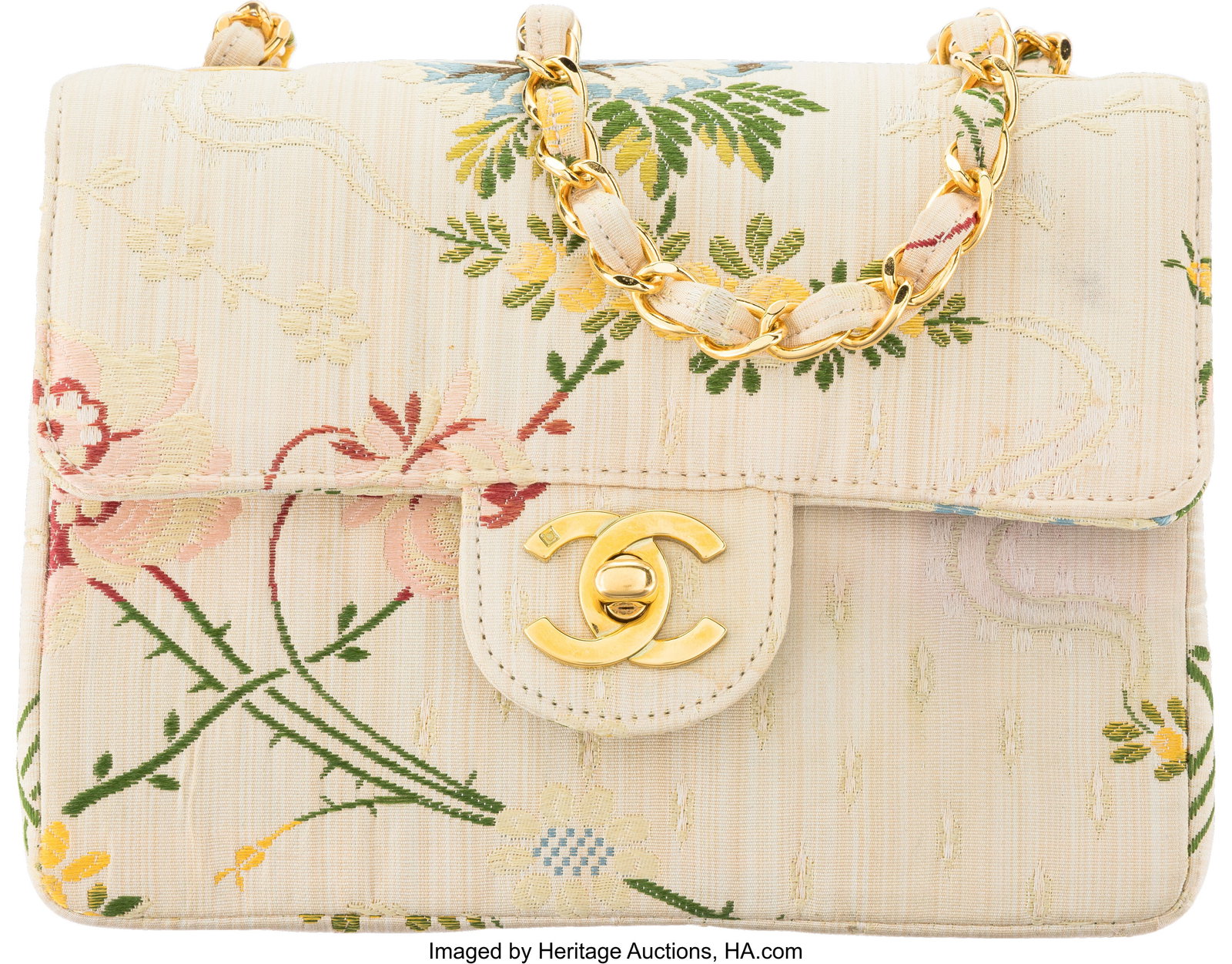 Chanel Vintage Embroidered Silk Floral Mini Squa: Chanel Vintage Embroidered Silk Floral Mini Square Flap Bag with Gold Hardware 1991-1994 Condition: 3 7" Width x 5.5" Height x 2.5" Depth This bag is done in Embroidered Floral Sil