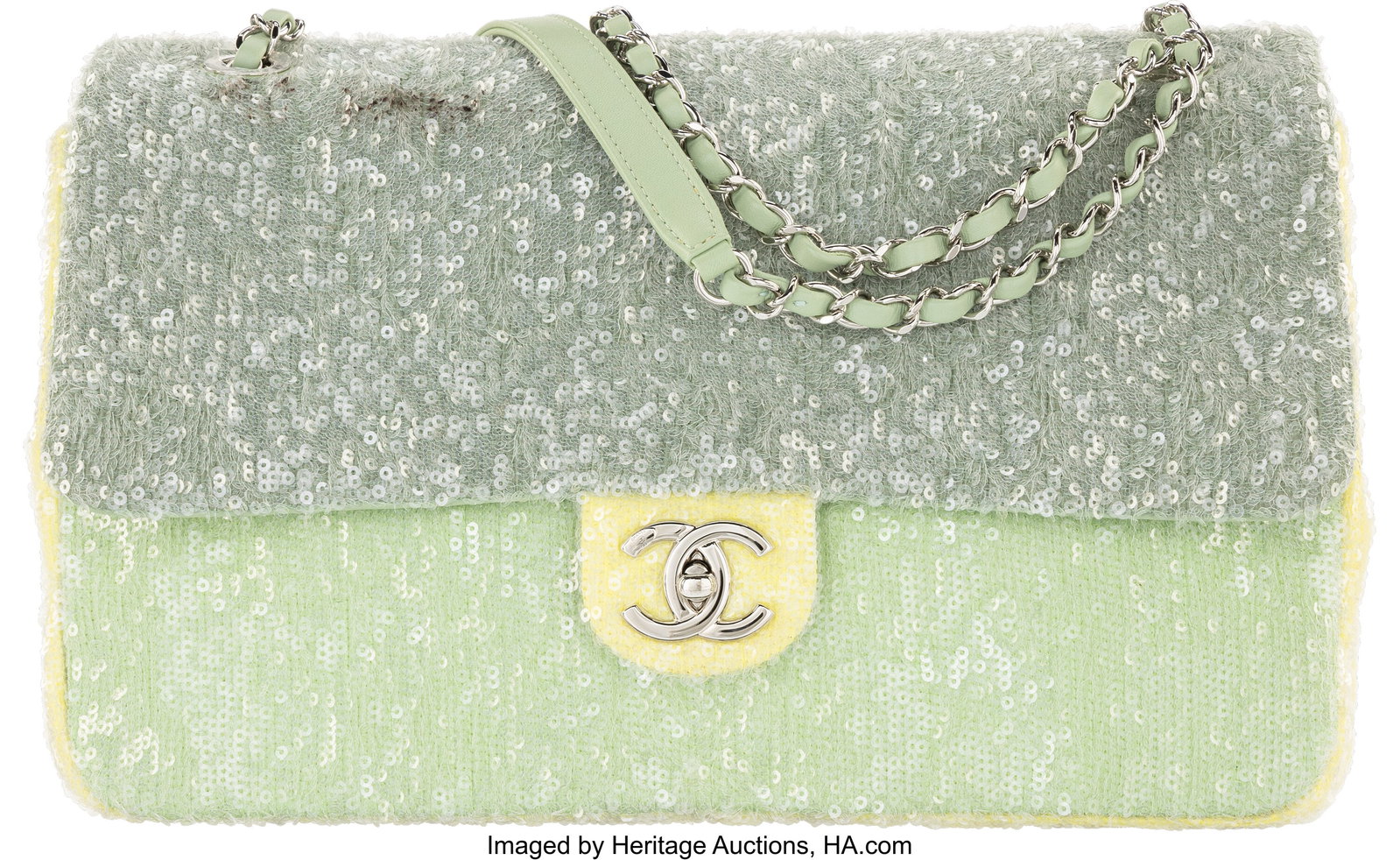 Chanel Light Green & Yellow Sequin Large Waterfa: Chanel Light Green & Yellow Sequin Large Waterfall Flap Bag with Silver Hardware 2018 Condition: 3 12.75" Width x 9" Height x 3.25" Depth This bag is done in Green and Yellow S