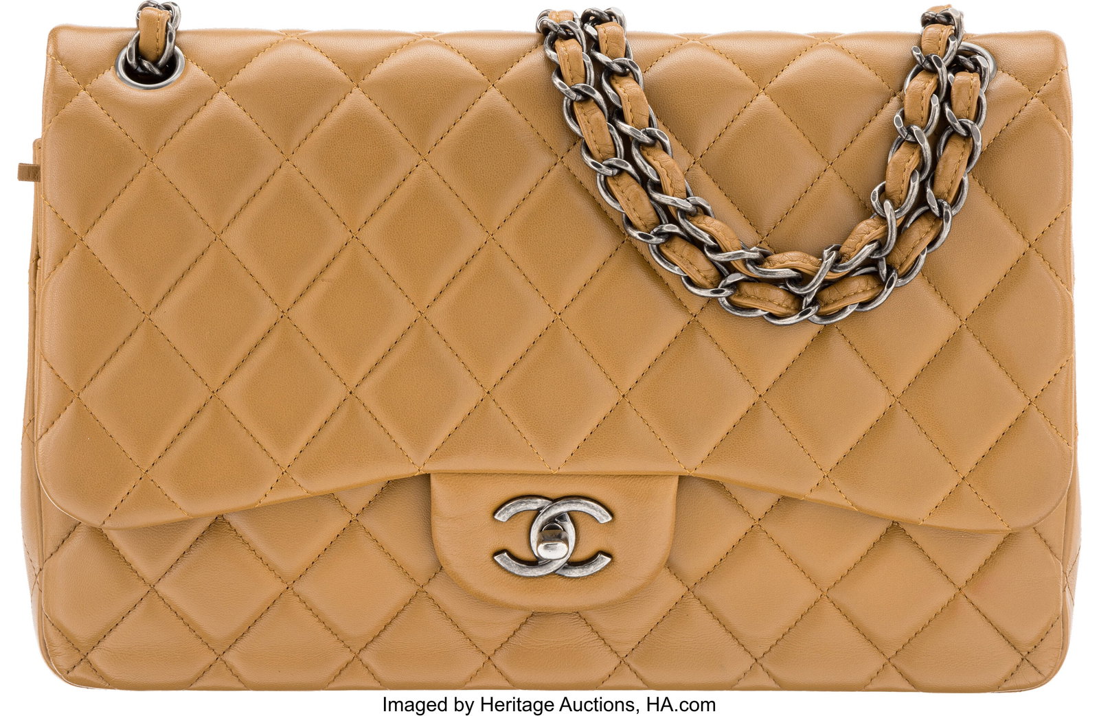 Chanel Caramel Quilted Lambskin Leather Jumbo Cl: Chanel Caramel Quilted Lambskin Leather Jumbo Classic Double Flap Bag with Aged Ruthenium Hardware 2014-2015 Condition: 3 11.75" Width x 7.75" Height x 4" Depth This bag is done in