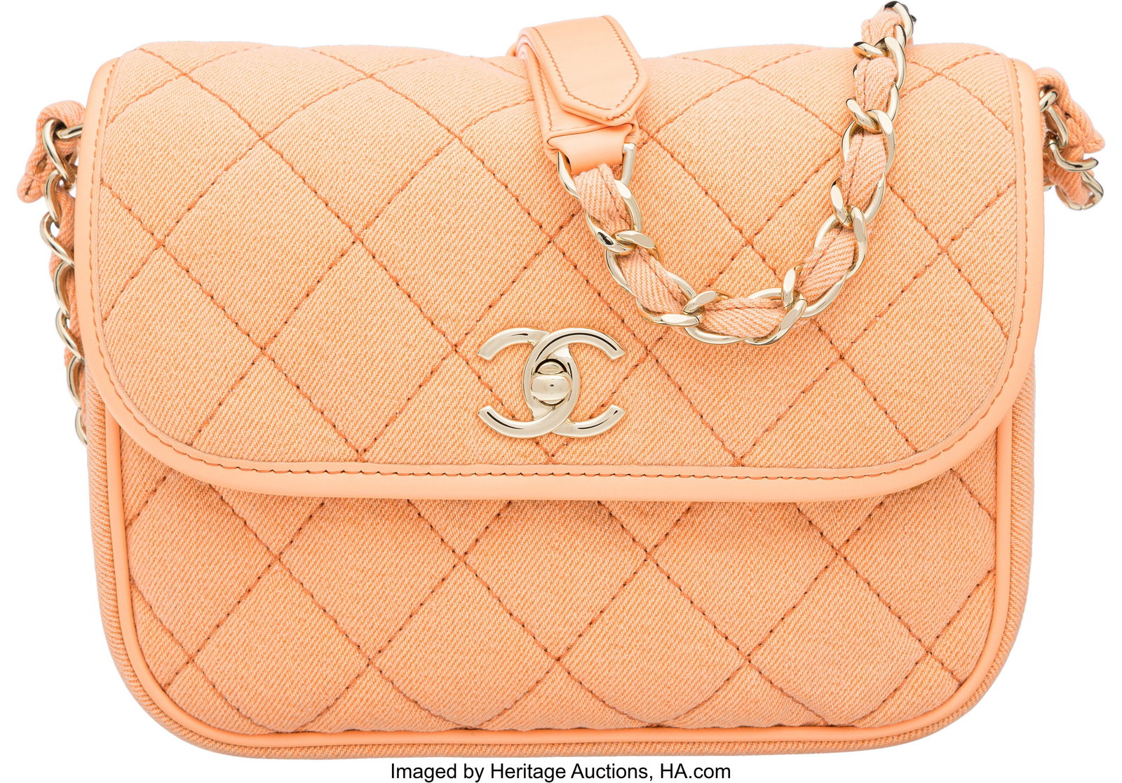 Chanel Orange Quilted Denim Small Messenger Bag : Chanel Orange Quilted Denim Small Messenger Bag with Gold Hardware 2020 Condition: 2 8.5" Width x 7" Height x 2.5" Depth This bag is done in Orange Quilted Denim with Gold Hardware