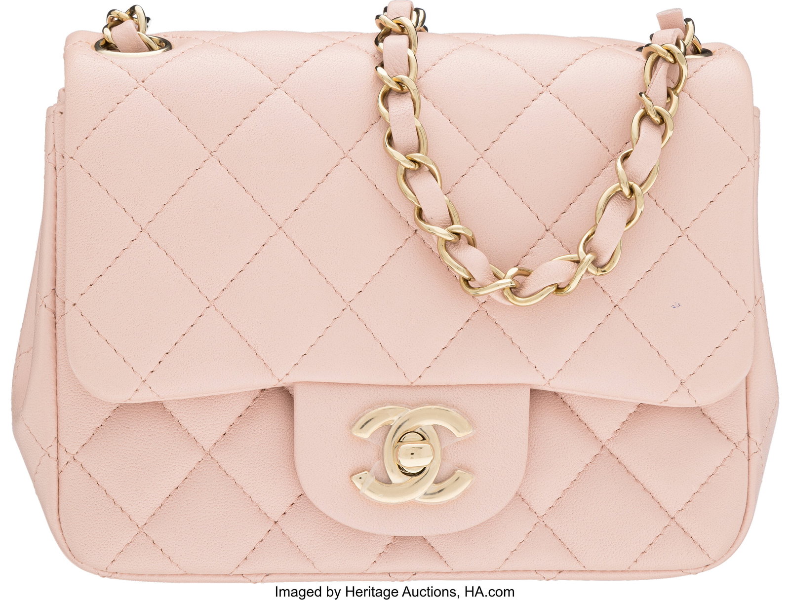 Chanel Light Pink Quilted Lambskin Leather Mini : Chanel Light Pink Quilted Lambskin Leather Mini Square Flap Bag with Light Gold Hardware Condition: 2 7" Width x 5" Height x 2.5" Depth This bag is done in Light Pink Lambskin Leather wit