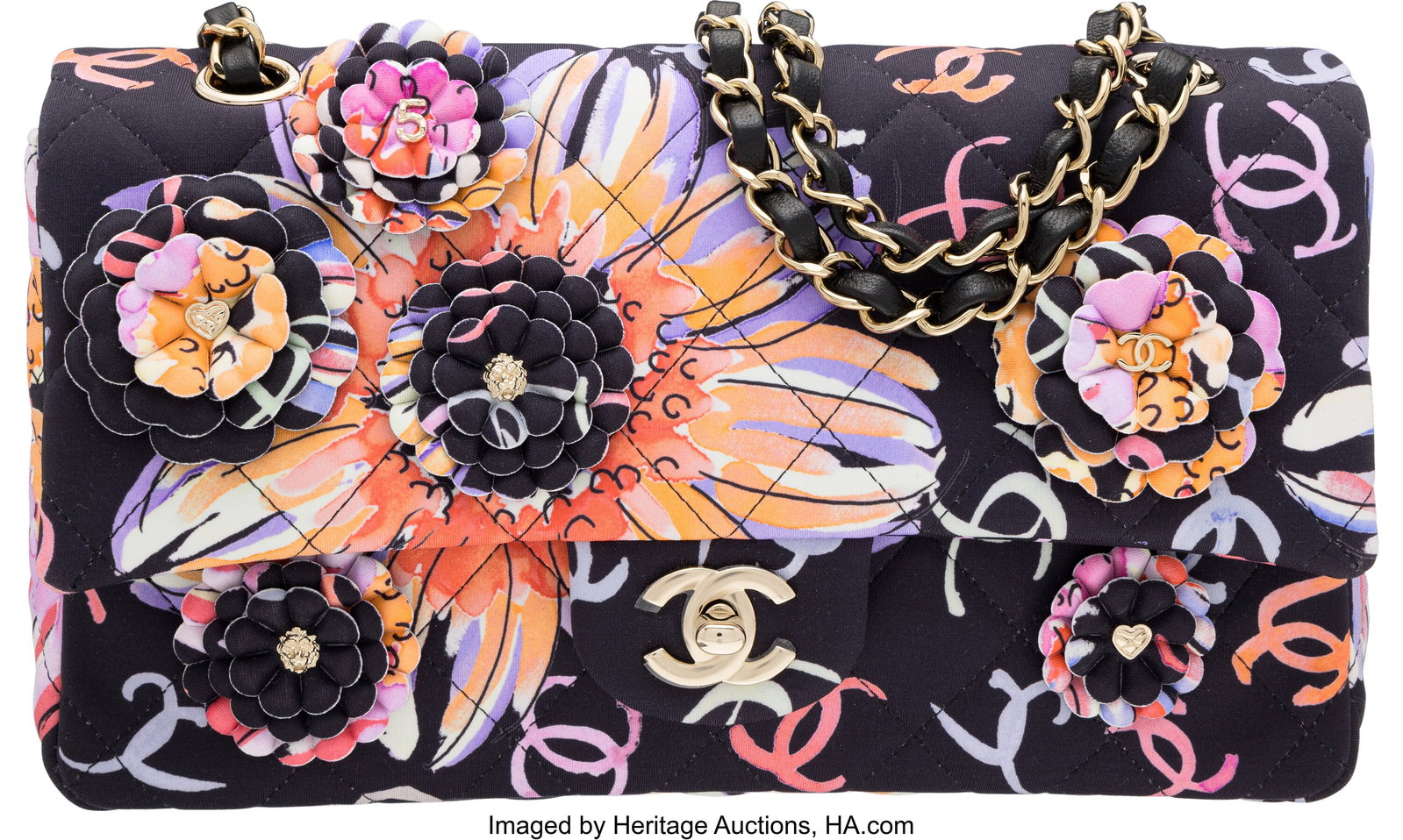 Chanel Multicolor Printed Quilted Fabric Camelli: Chanel Multicolor Printed Quilted Fabric Camellia Medium Classic Flap Bag with Light Gold Hardware 2024 Condition: 1 10" Width x 6" Height x 2.5" Depth This bag is done in Multicolor Prin