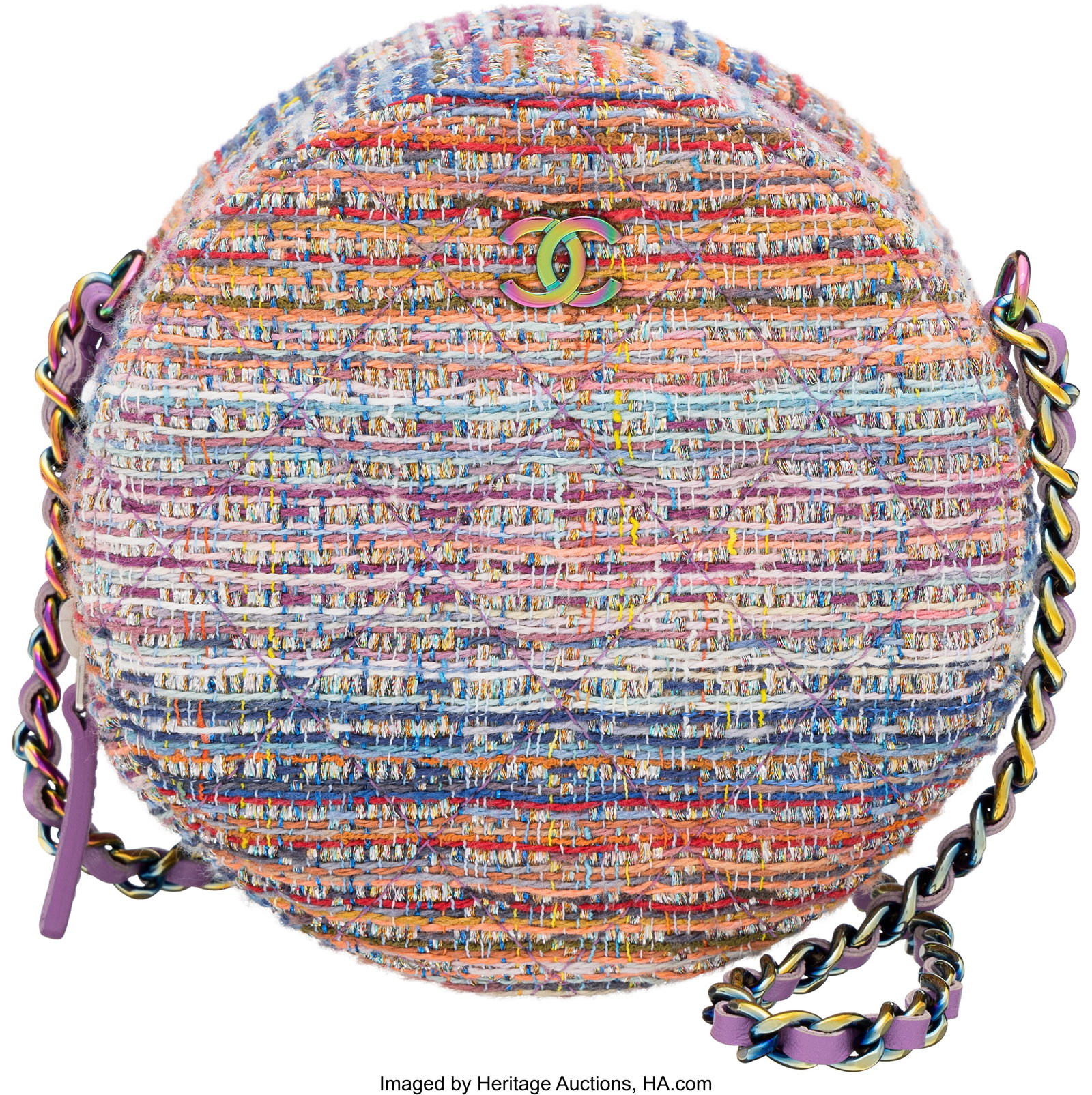 Chanel Multicolor Tweed Round Crossbody Bag with: Chanel Multicolor Tweed Round Crossbody Bag with Iridescent Hardware 2019 Condition: 2 4.5" Width x 4.5" Height x 2.25" Depth This bag is done in Multicolor Tweed with Iride