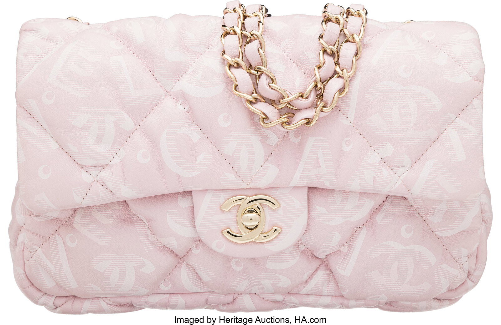 Chanel Pale Pink Printed Bubbly Quilted Lambskin: Chanel Pale Pink Printed Bubbly Quilted Lambskin Leather CC Flap Bag with Gold Hardware Condition: 1 9.45" Width x 6" Height x 2.5" Depth This bag is done in Pale Pink and White Pr