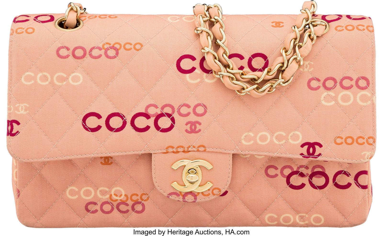 Chanel Pink Printed Quilted Canvas Medium Classi: Chanel Pink Printed Quilted Canvas Medium Classic Double Flap Bag with Gold Hardware 2002-2003 Condition: 3 10 "Width x 6.5" Length x 2.5" Depth This bag is done in Pink Quilted Ca
