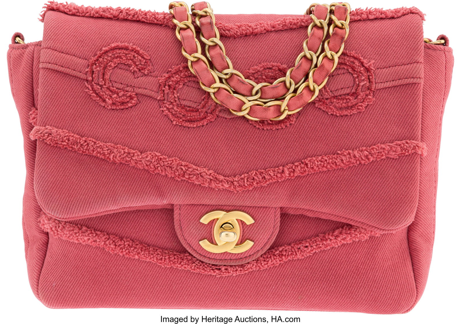 Chanel Pink Denim Medium Flap Bag with Gold Hard: Chanel Pink Denim Medium Flap Bag with Gold Hardware 2019 Condition: 2 9.5" Width x 7" Height x 2.5 Depth This bag is done in Pink Denim, featuring a woven chain strap&period